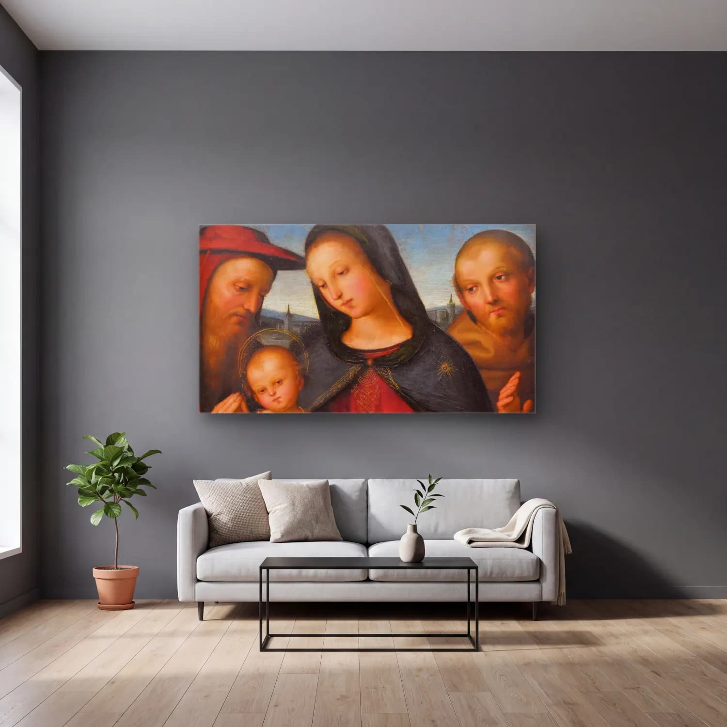 Raffaello Sanzio – Madonna and Child and with Saints Jerome and Francis cam tablo — gri duvarlı salonda