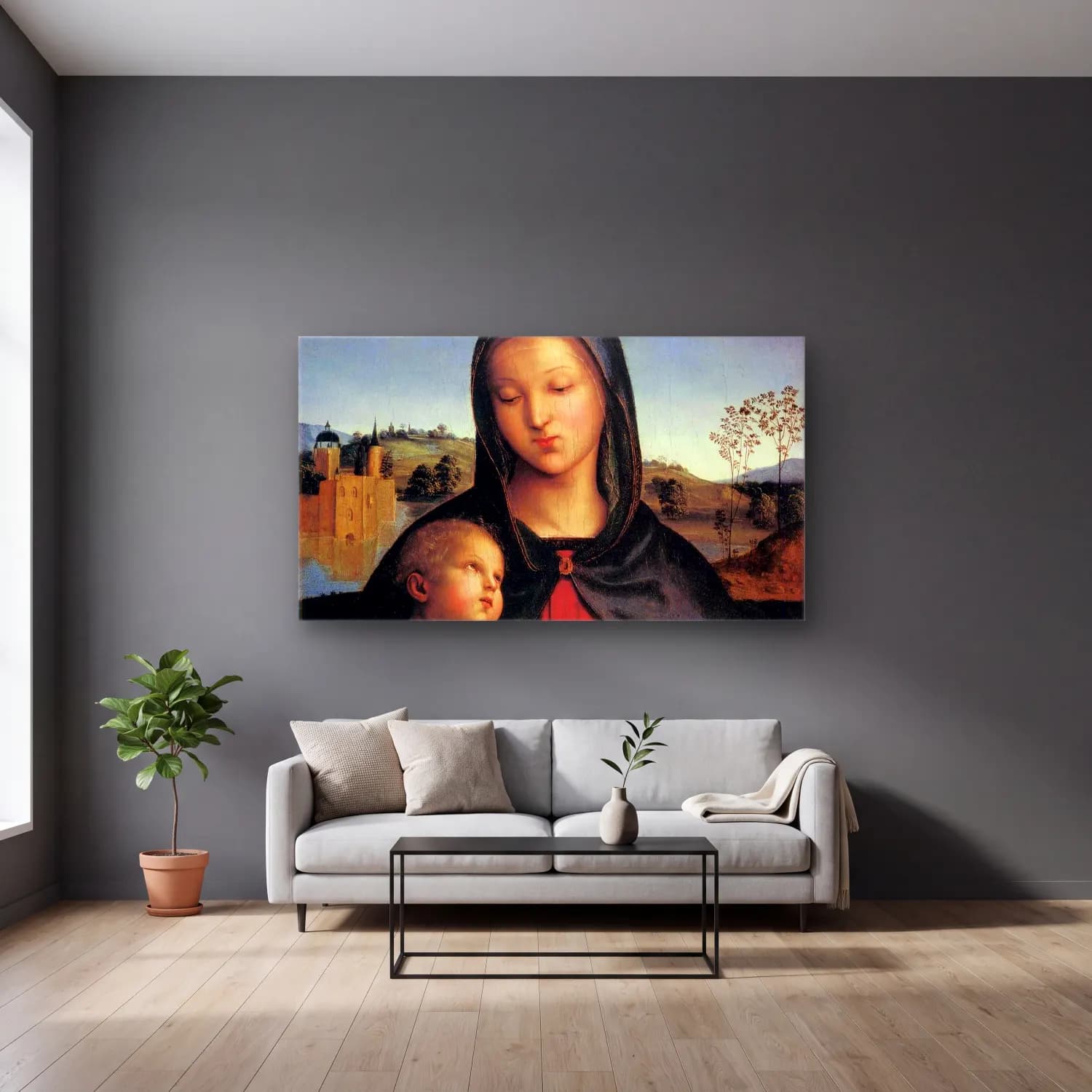 Raffaello Sanzio – Madonna and Child with the Book cam tablo — gri duvarlı salonda