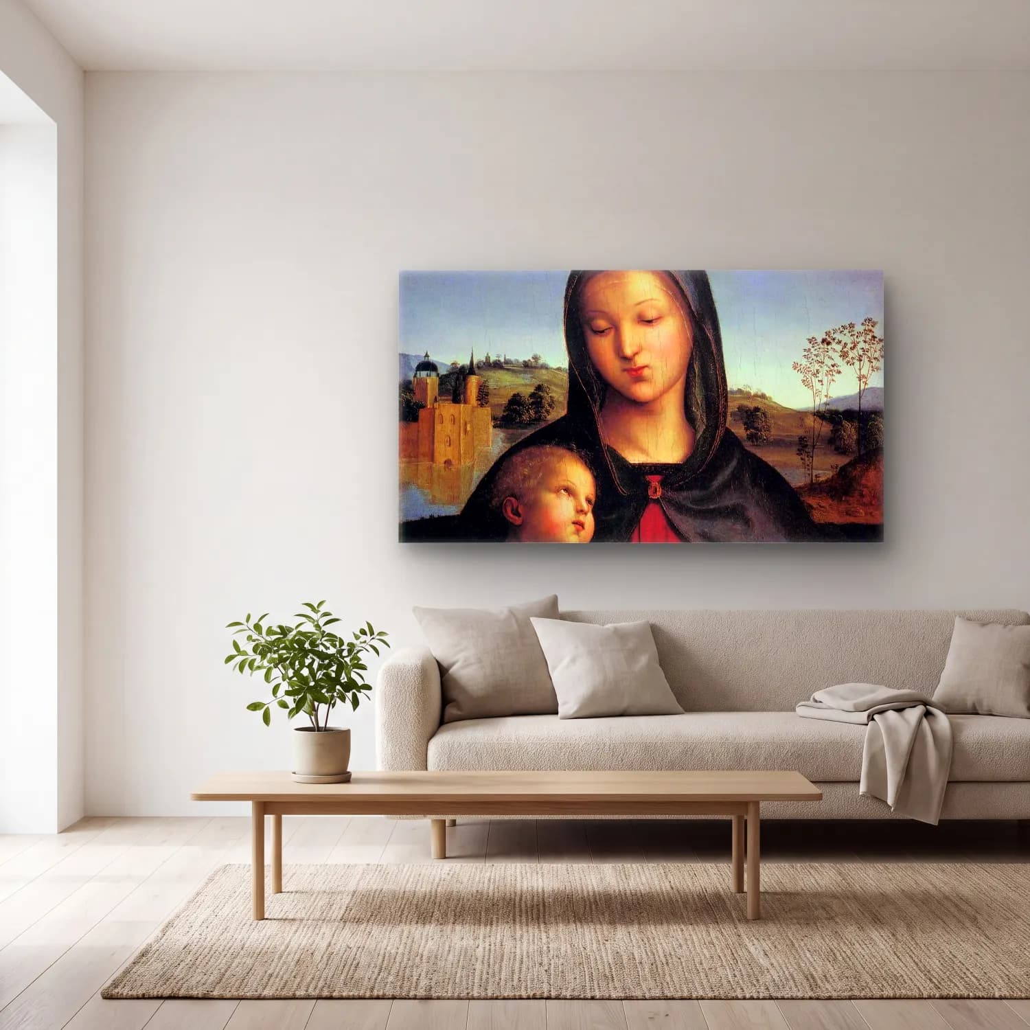 Raffaello Sanzio – Madonna and Child with the Book cam tablo — açık renk salonda