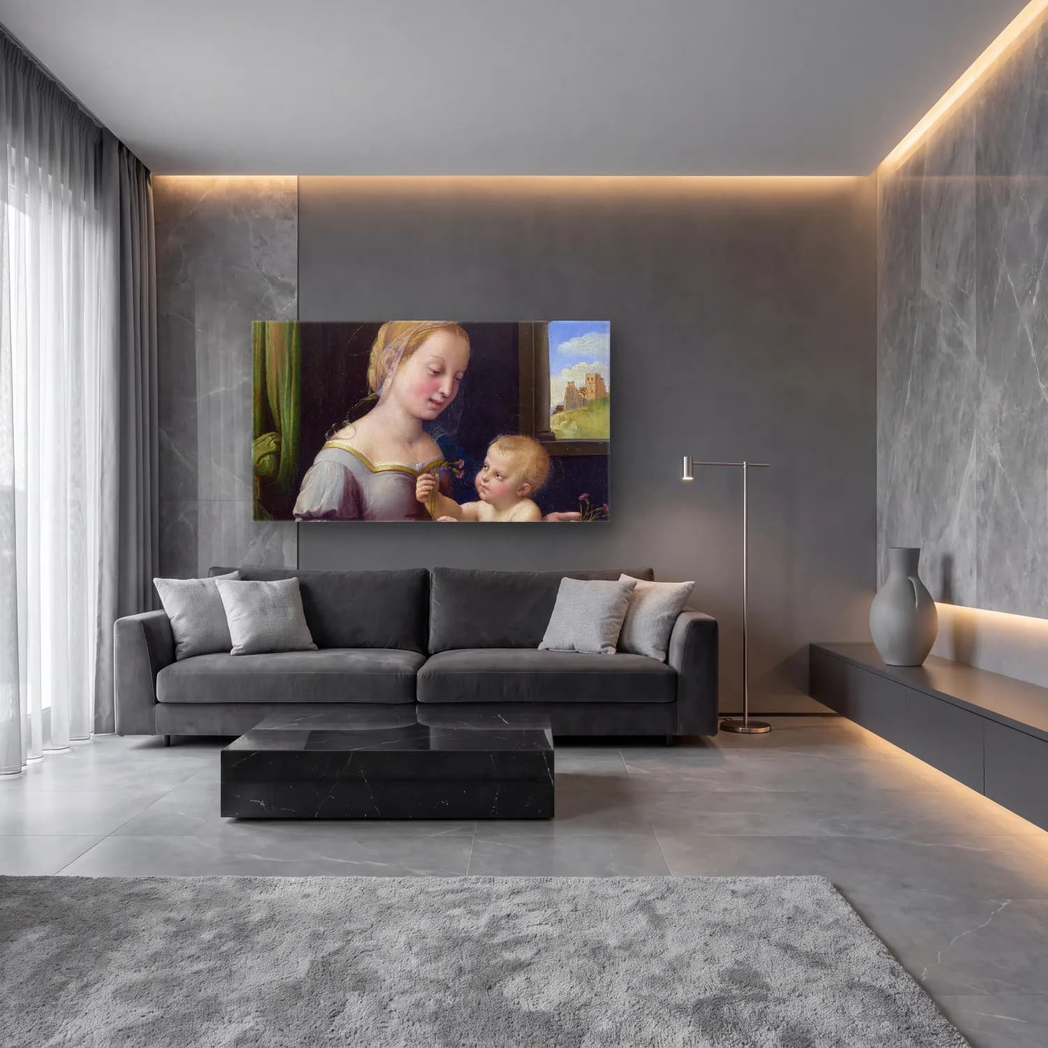 Raffaello Sanzio – Madonna of the Pinks cam tablo — lüks salon duvarında