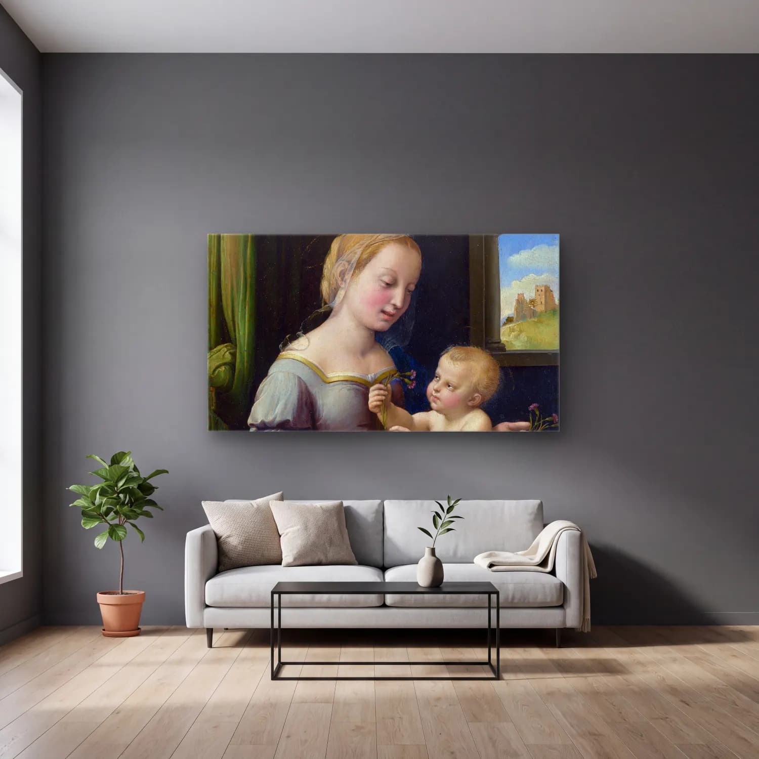 Raffaello Sanzio – Madonna of the Pinks cam tablo — gri duvarlı salonda