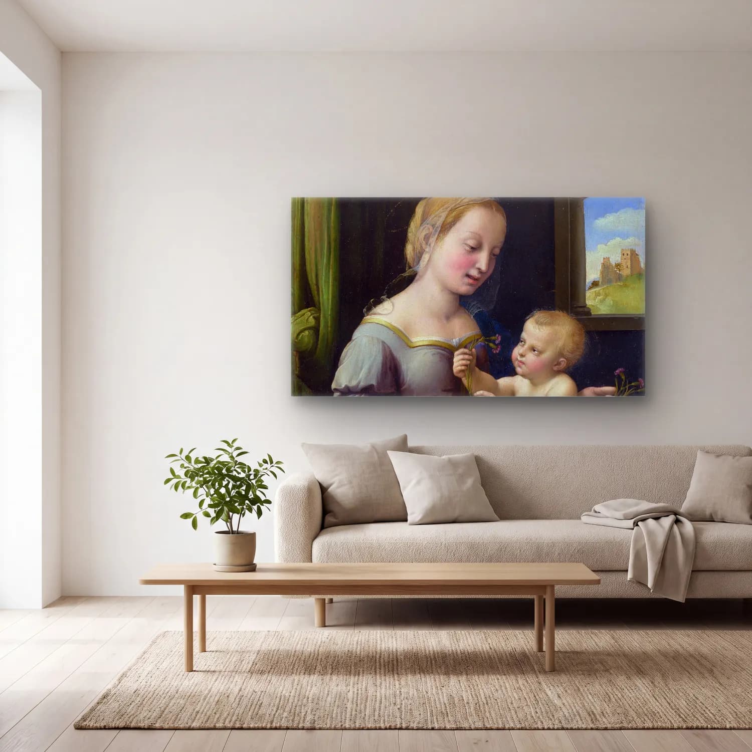 Raffaello Sanzio – Madonna of the Pinks cam tablo — açık renk salonda