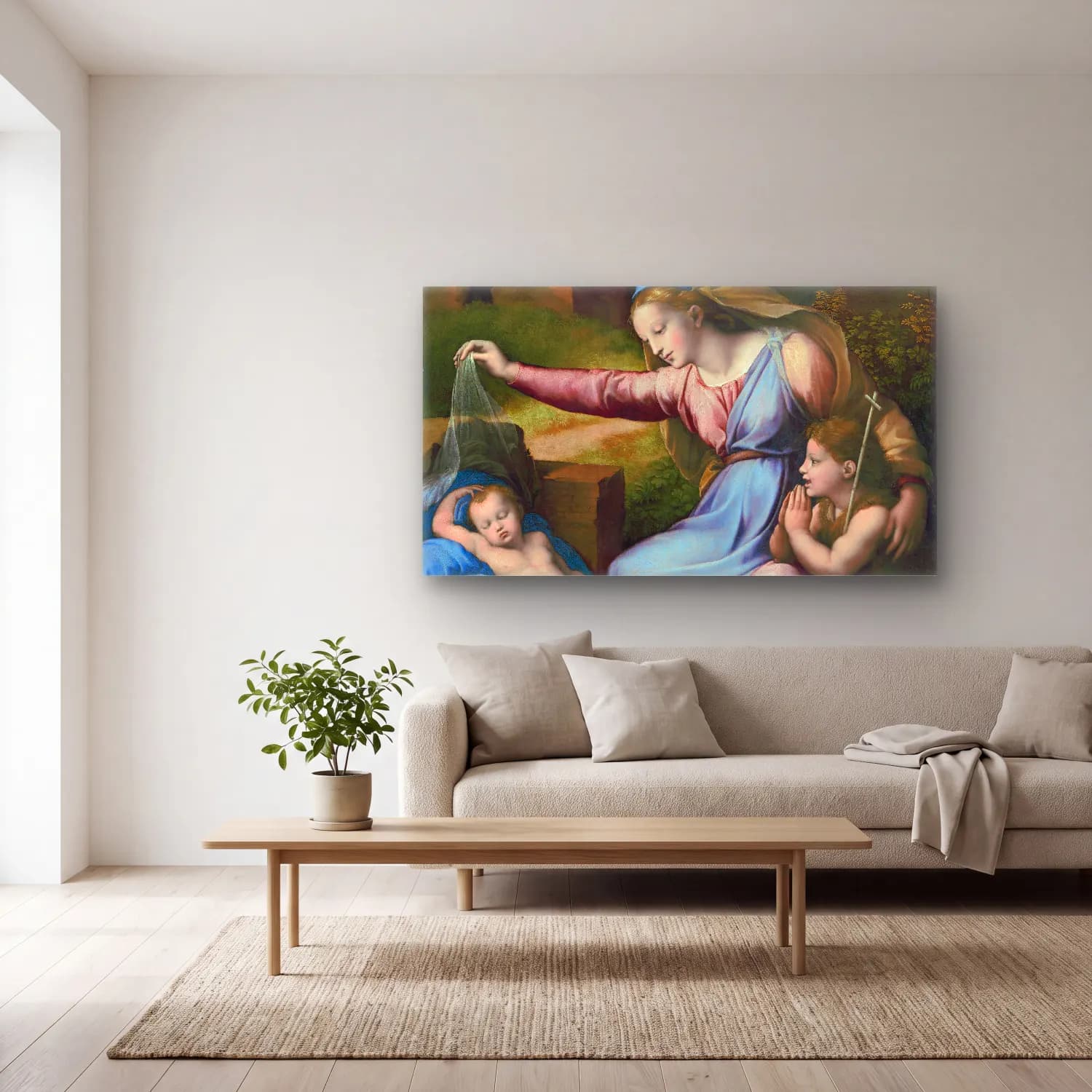 Raffaello Sanzio – Madonna with the Blue Diadem cam tablo — açık renk salonda