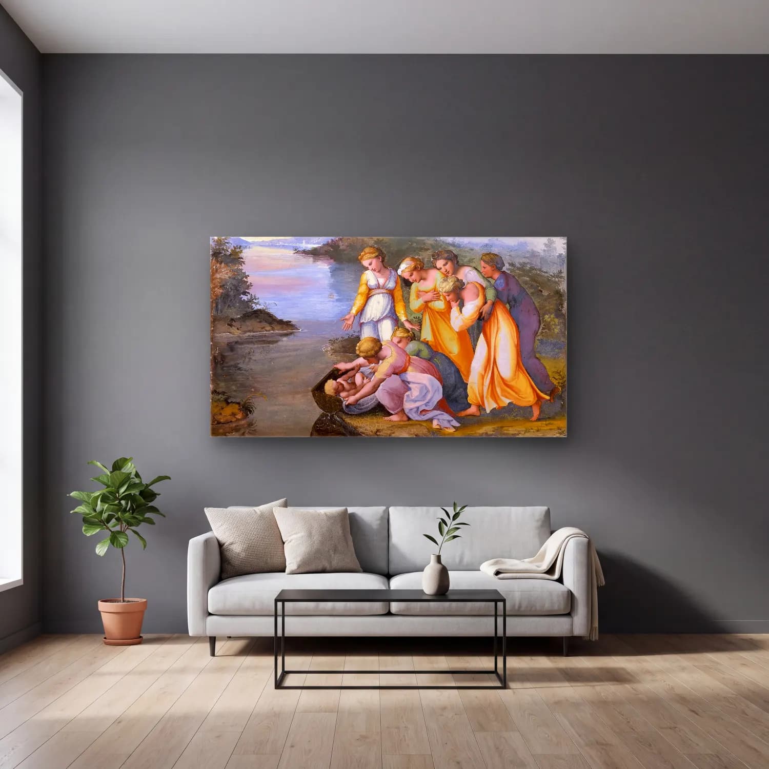 Raffaello Sanzio – Moses Saved from the Water cam tablo — gri duvarlı salonda