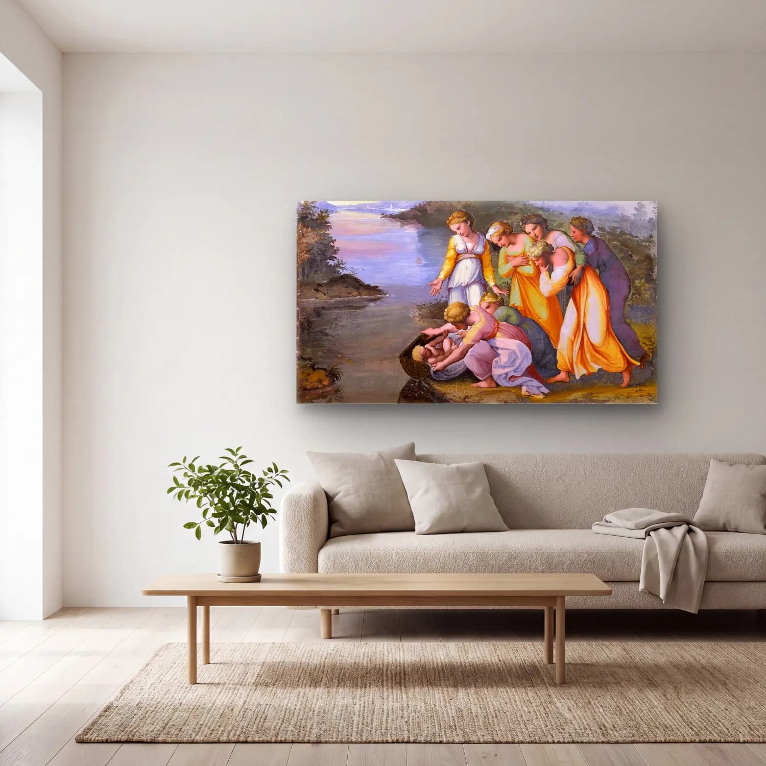 Raffaello Sanzio – Moses Saved from the Water cam tablo — açık renk salonda