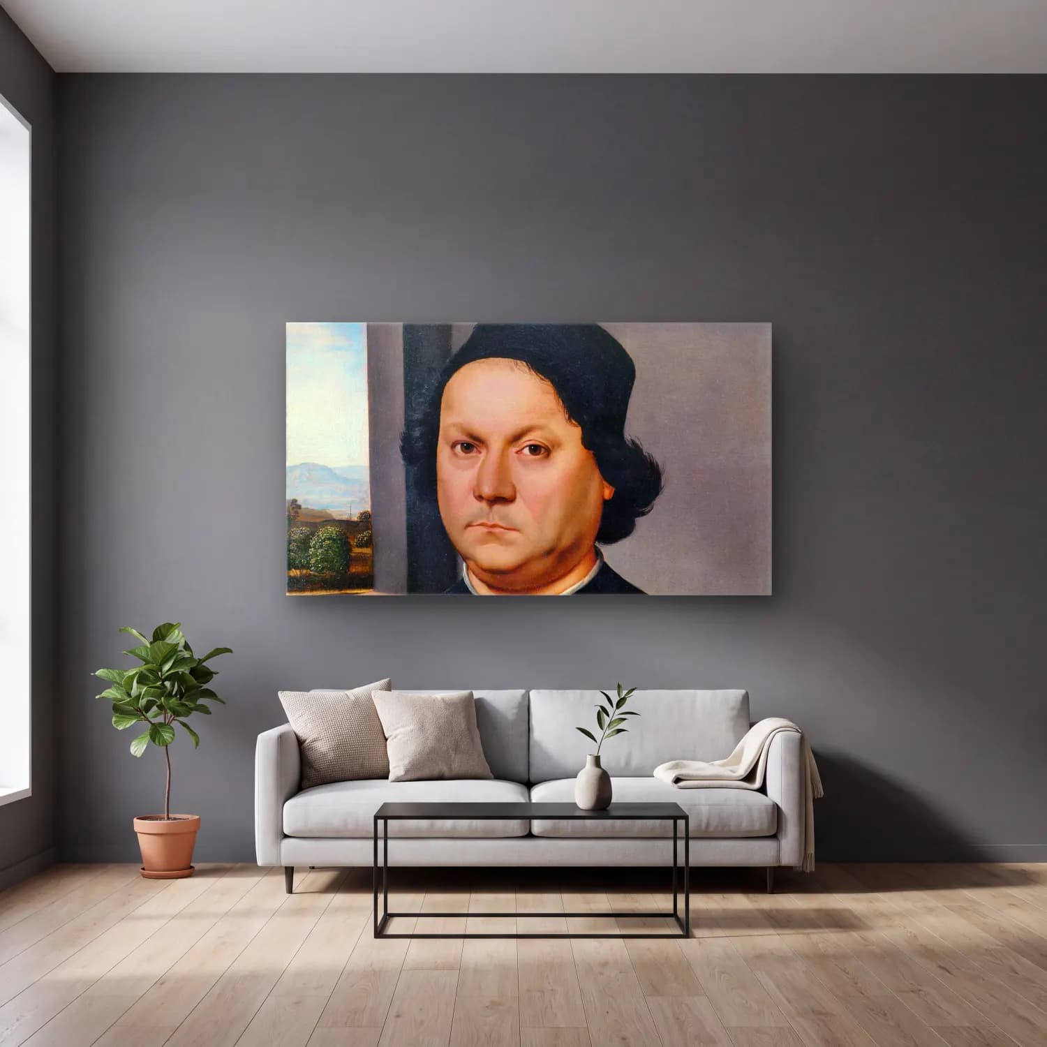 Raffaello Sanzio – Portrait of Perugino cam tablo — gri duvarlı salonda