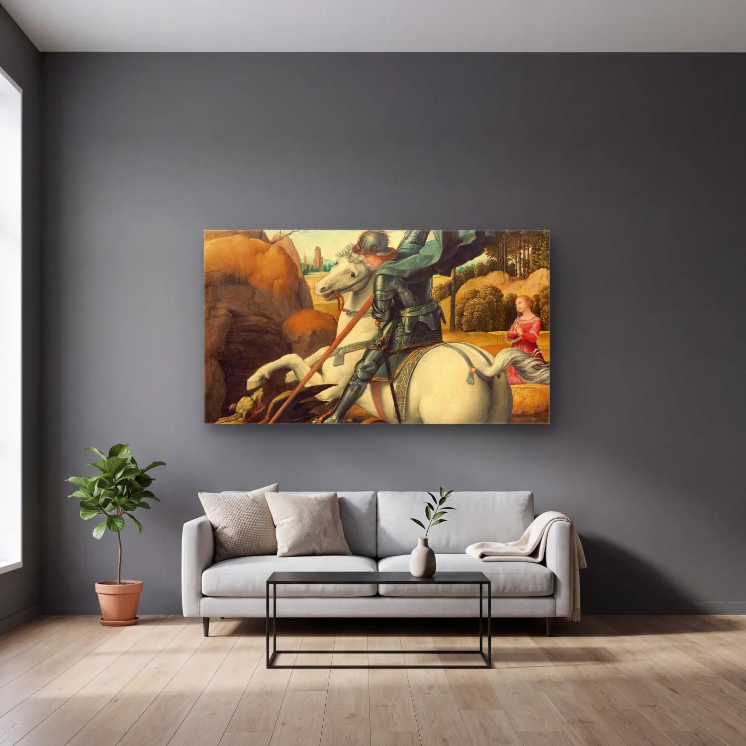 Raffaello Sanzio – Saint George and the Dragon cam tablo — gri duvarlı salonda