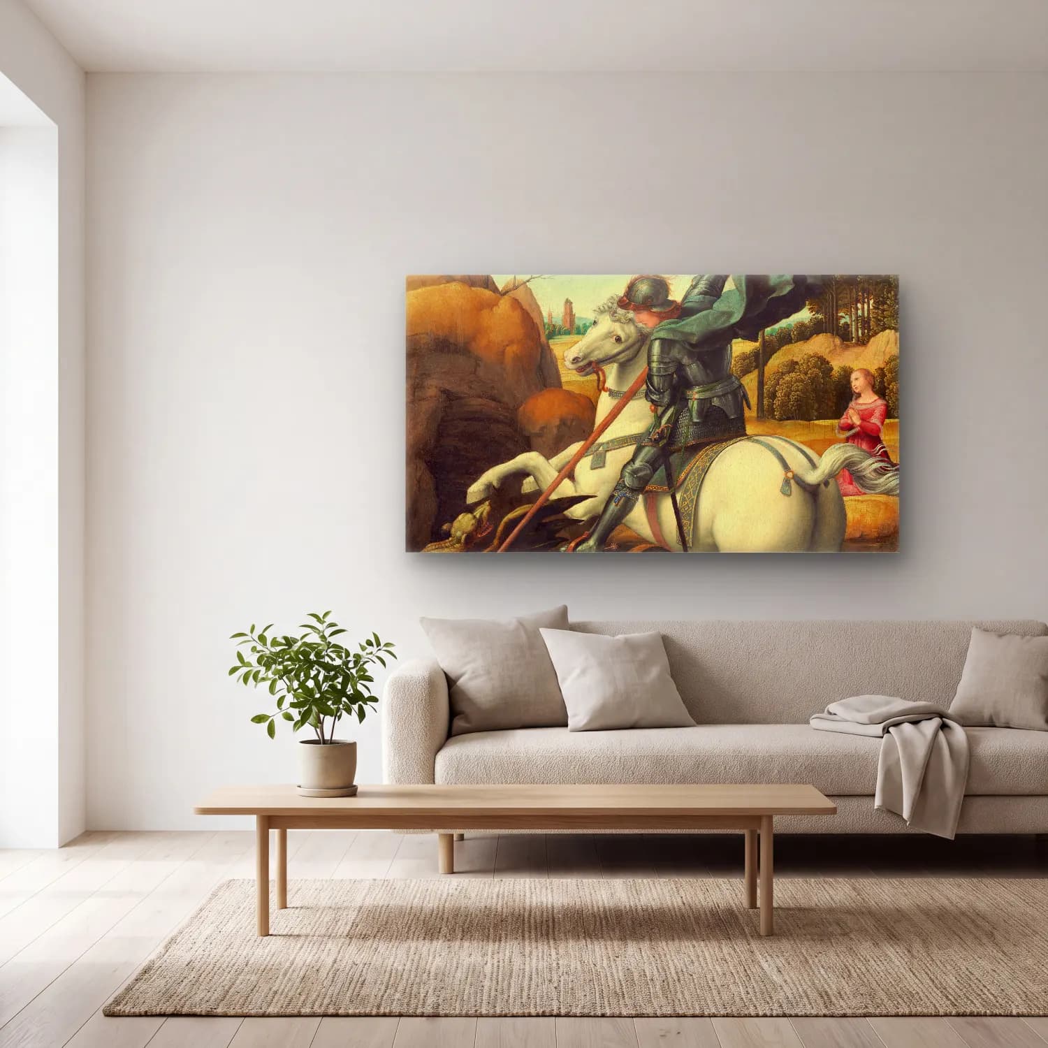 Raffaello Sanzio – Saint George and the Dragon cam tablo — açık renk salonda