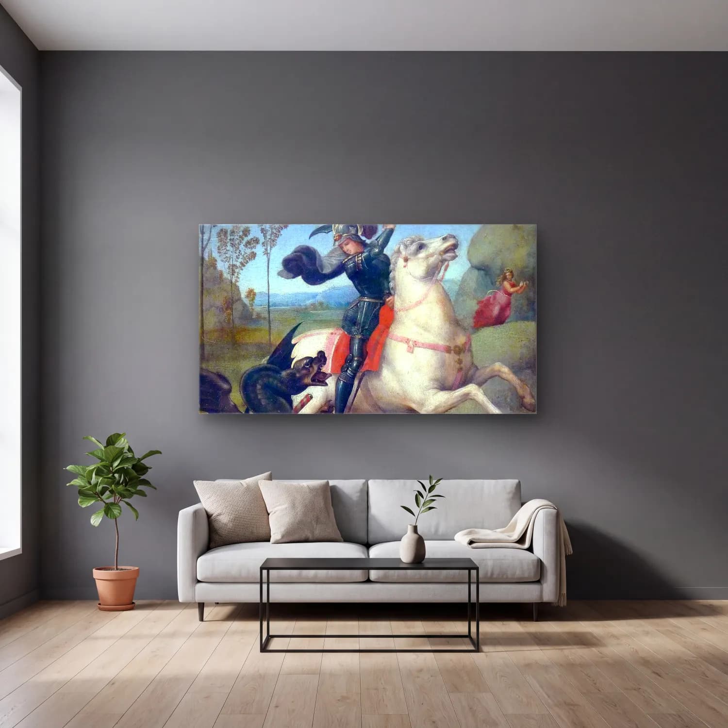Raffaello Sanzio – St. George and the dragon cam tablo — gri duvarlı salonda