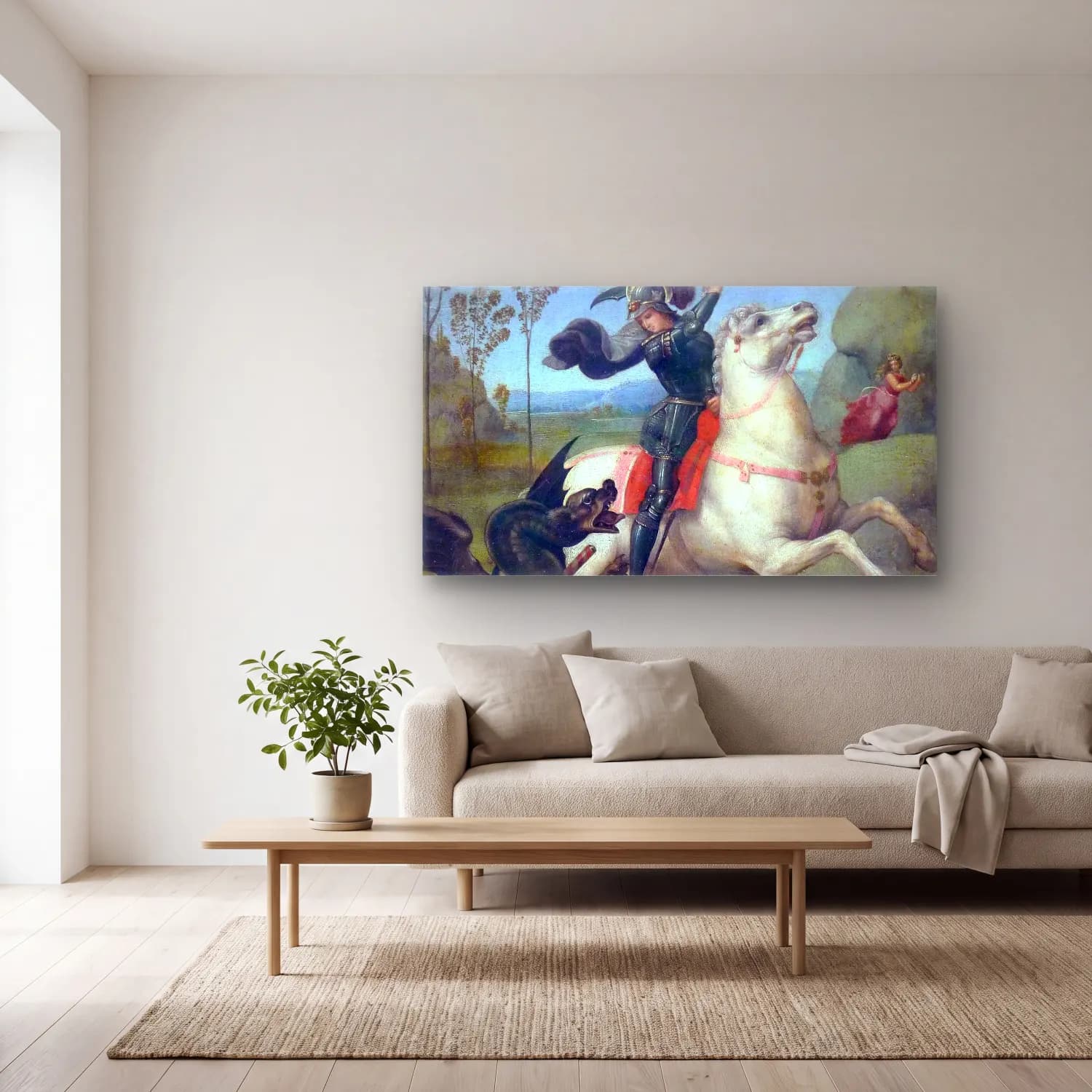 Raffaello Sanzio – St. George and the dragon cam tablo — açık renk salonda