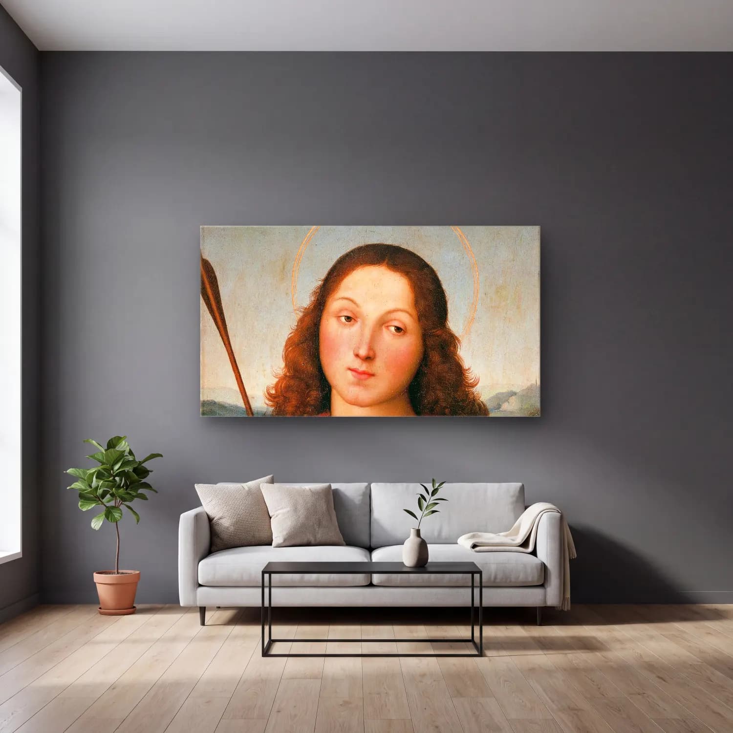 Raffaello Sanzio – St. Sebastian cam tablo — gri duvarlı salonda