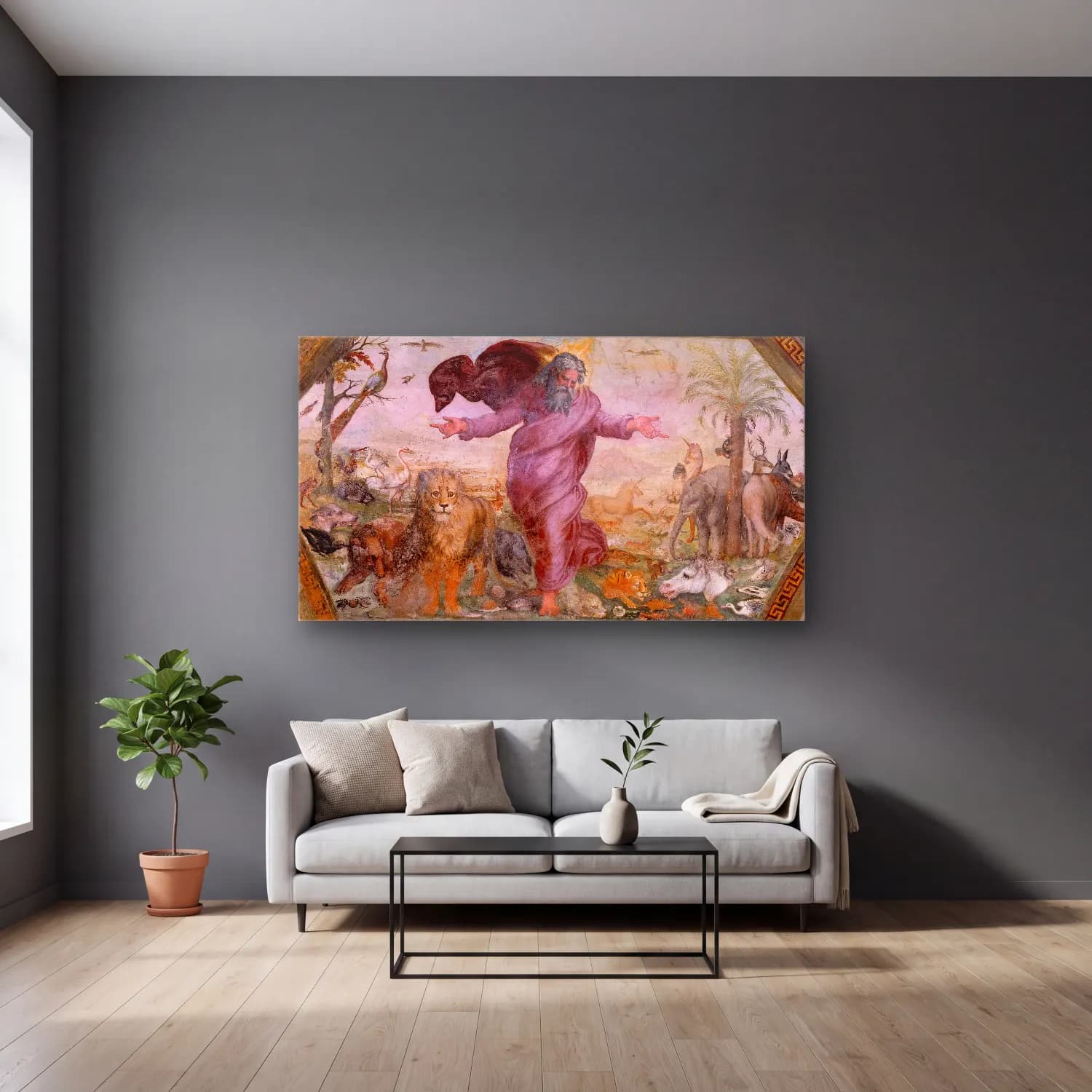 Raffaello Sanzio – The Creation of the Animals cam tablo — gri duvarlı salonda
