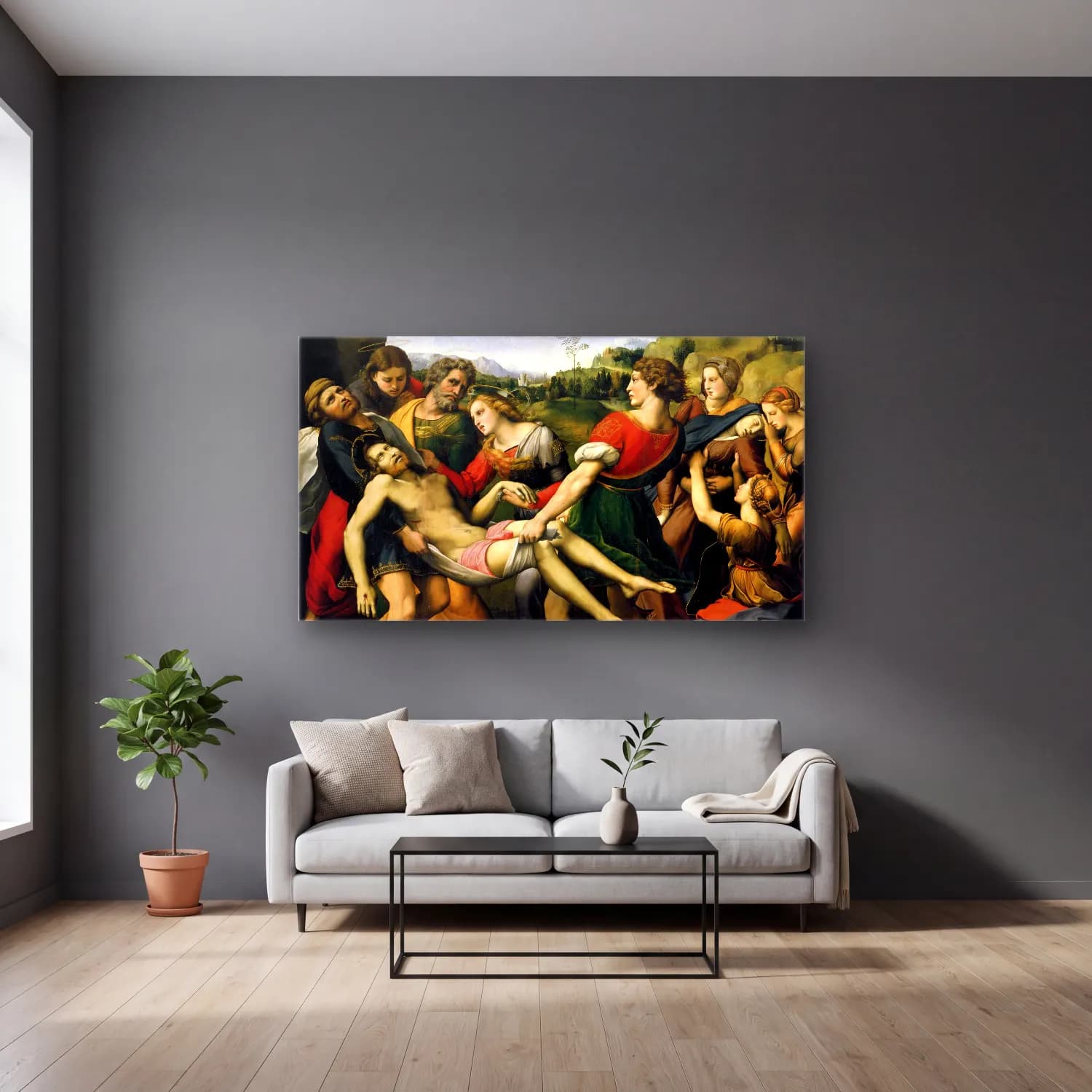 Raffaello Sanzio – The Deposition cam tablo — gri duvarlı salonda
