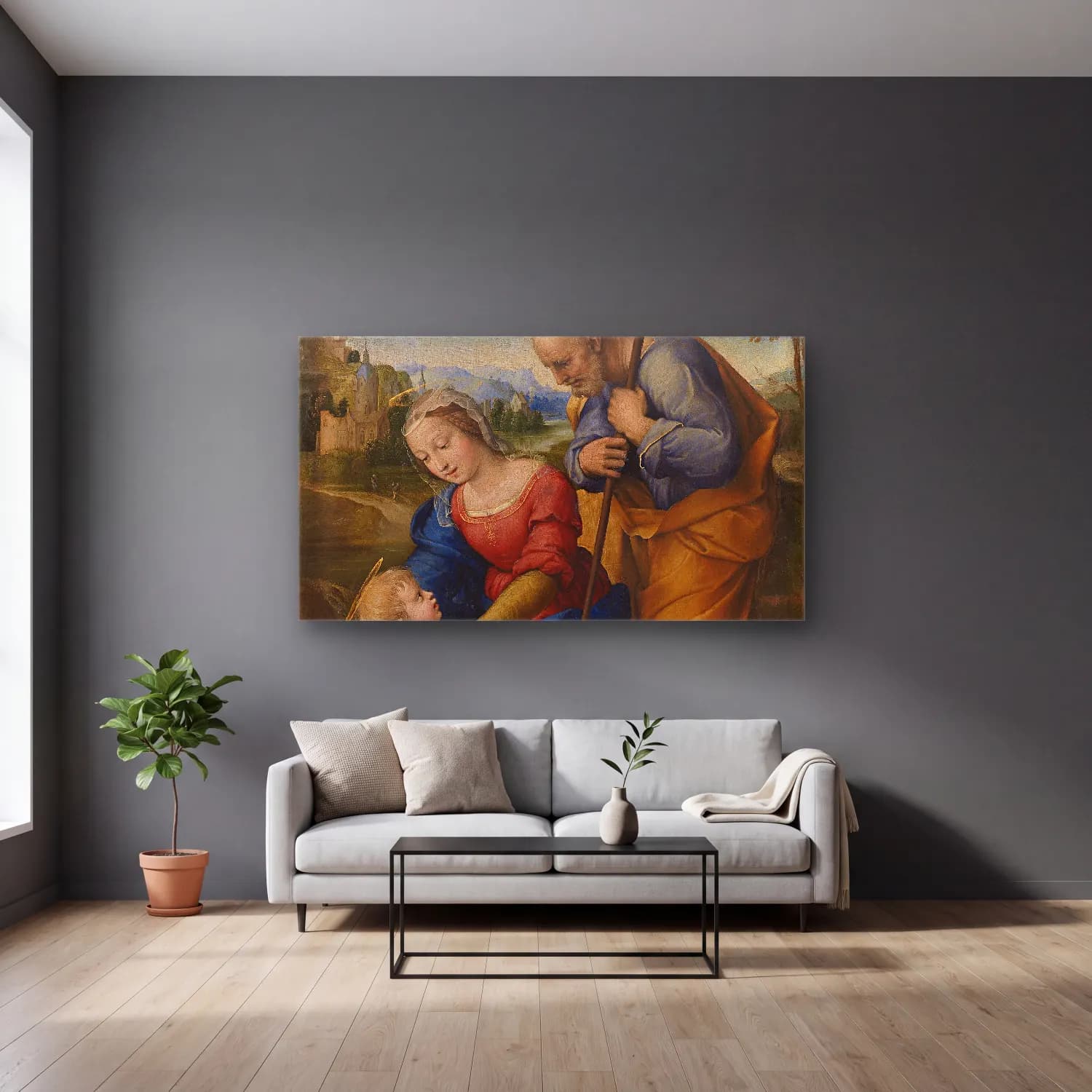 Raffaello Sanzio – The Holy Family with a Lamb cam tablo — gri duvarlı salonda