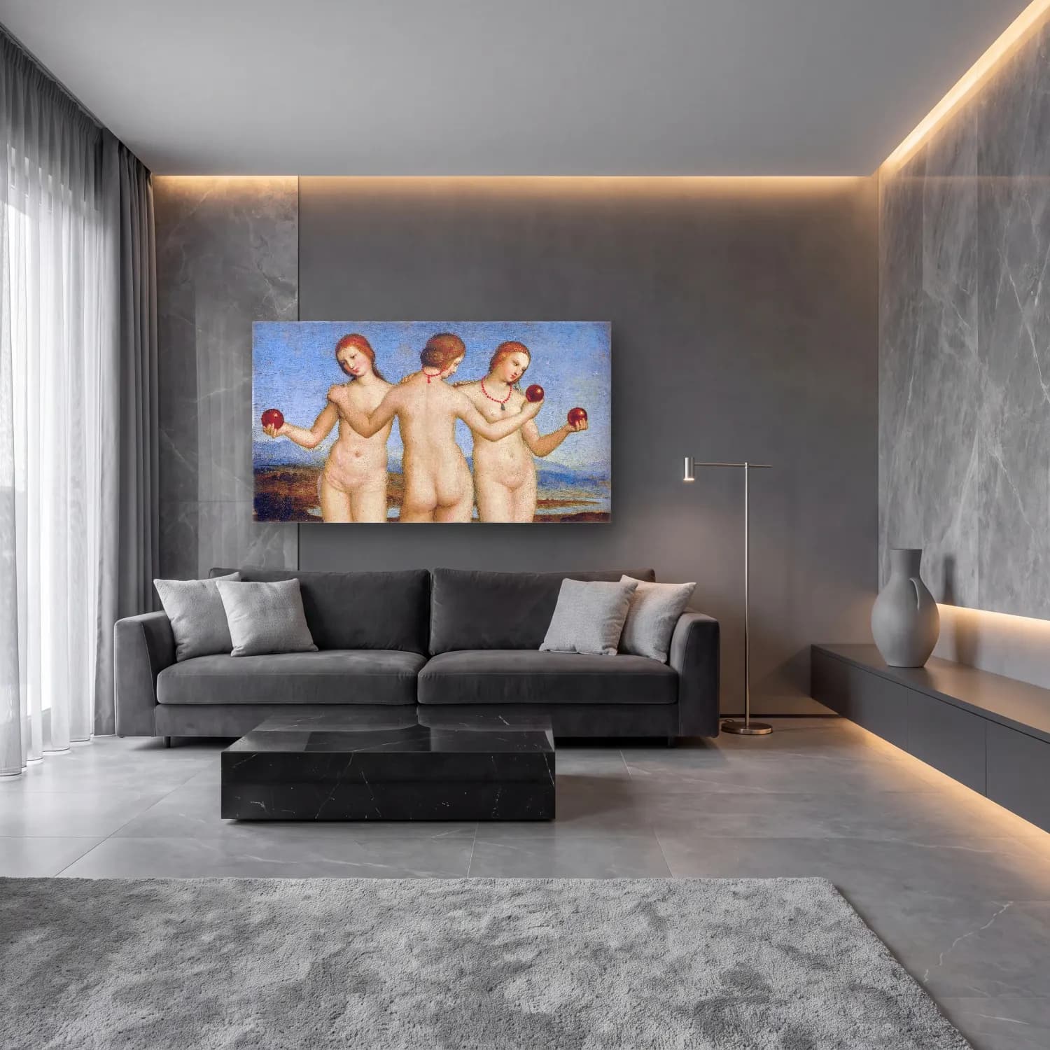 Raffaello Sanzio – Three Graces cam tablo — lüks salon duvarında
