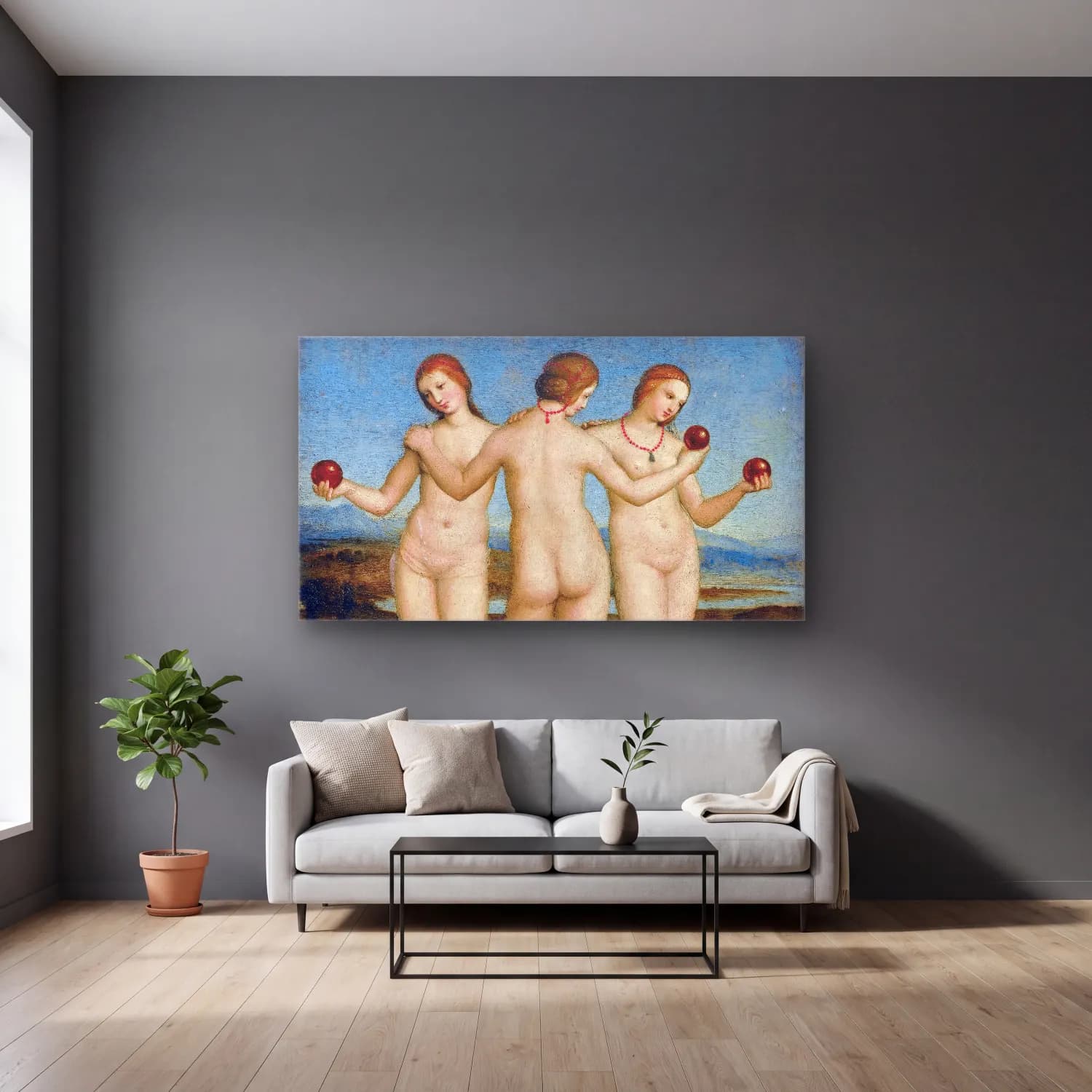 Raffaello Sanzio – Three Graces cam tablo — gri duvarlı salonda