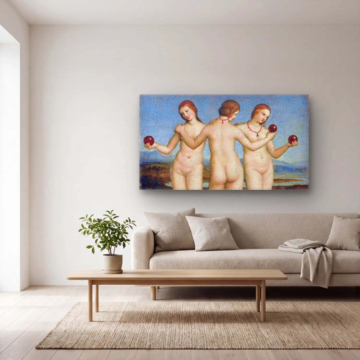 Raffaello Sanzio – Three Graces cam tablo — açık renk salonda