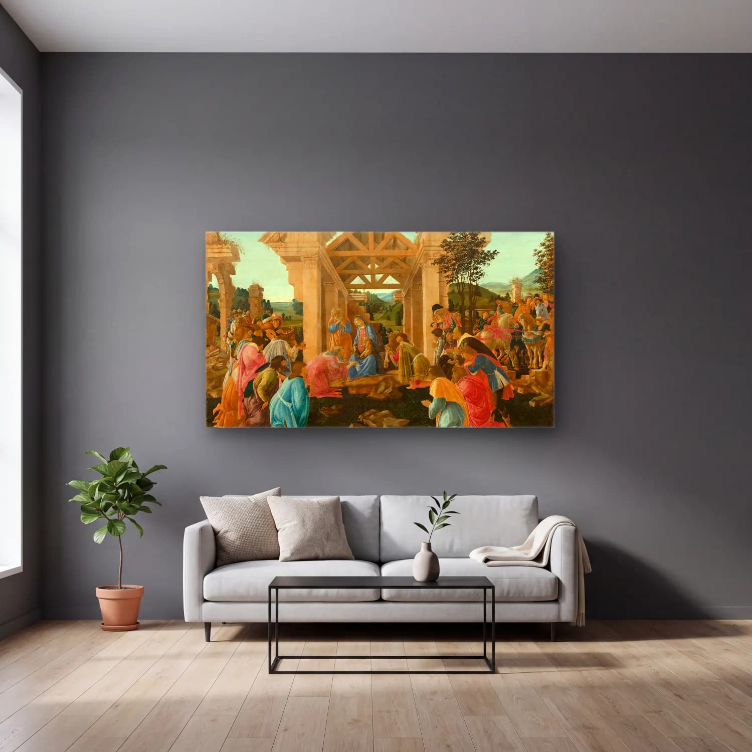Sandro Botticelli – Adoration of the Magi cam tablo — gri duvarlı salonda