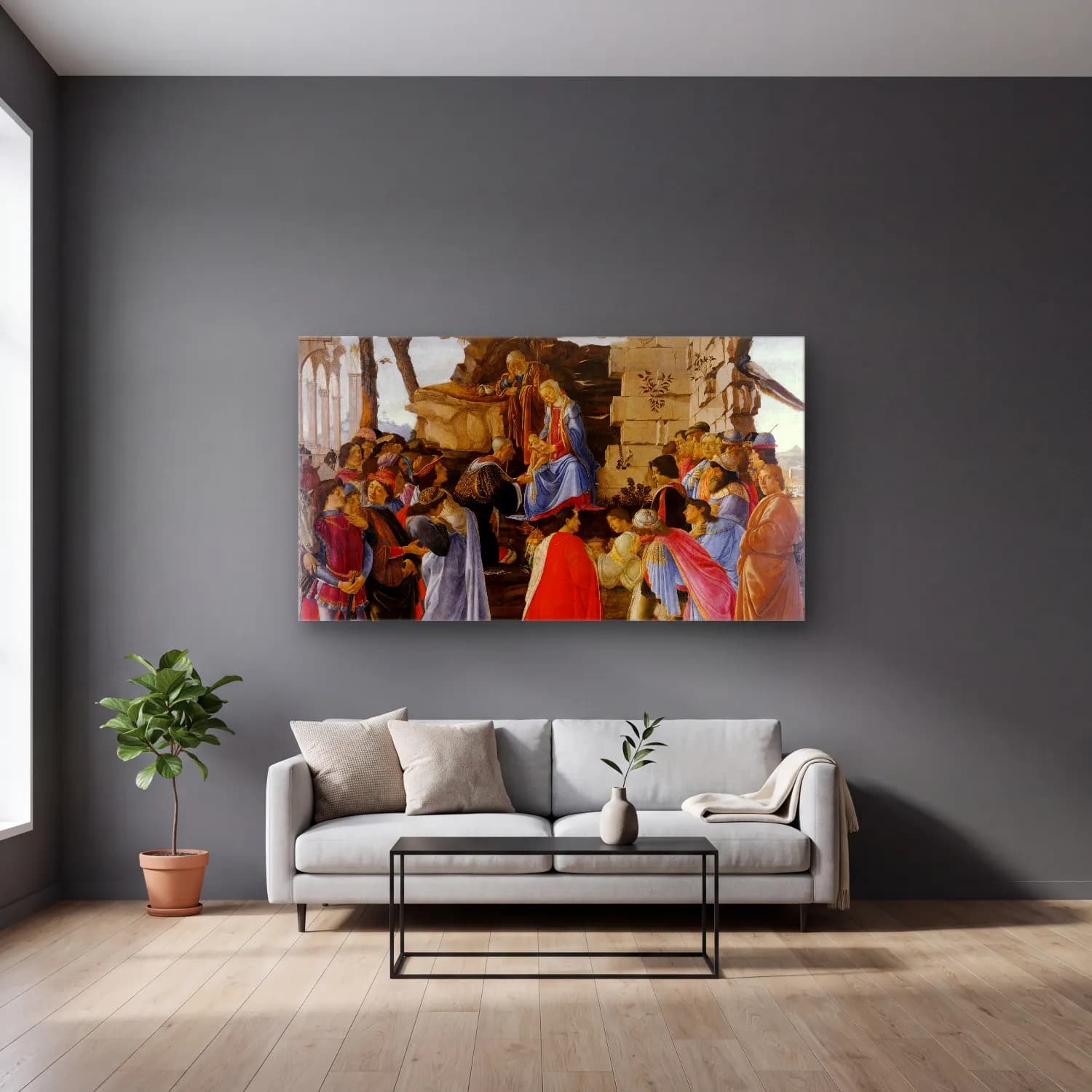 Sandro Botticelli – Botticelli Adoration of the Magi cam tablo — gri duvarlı salonda