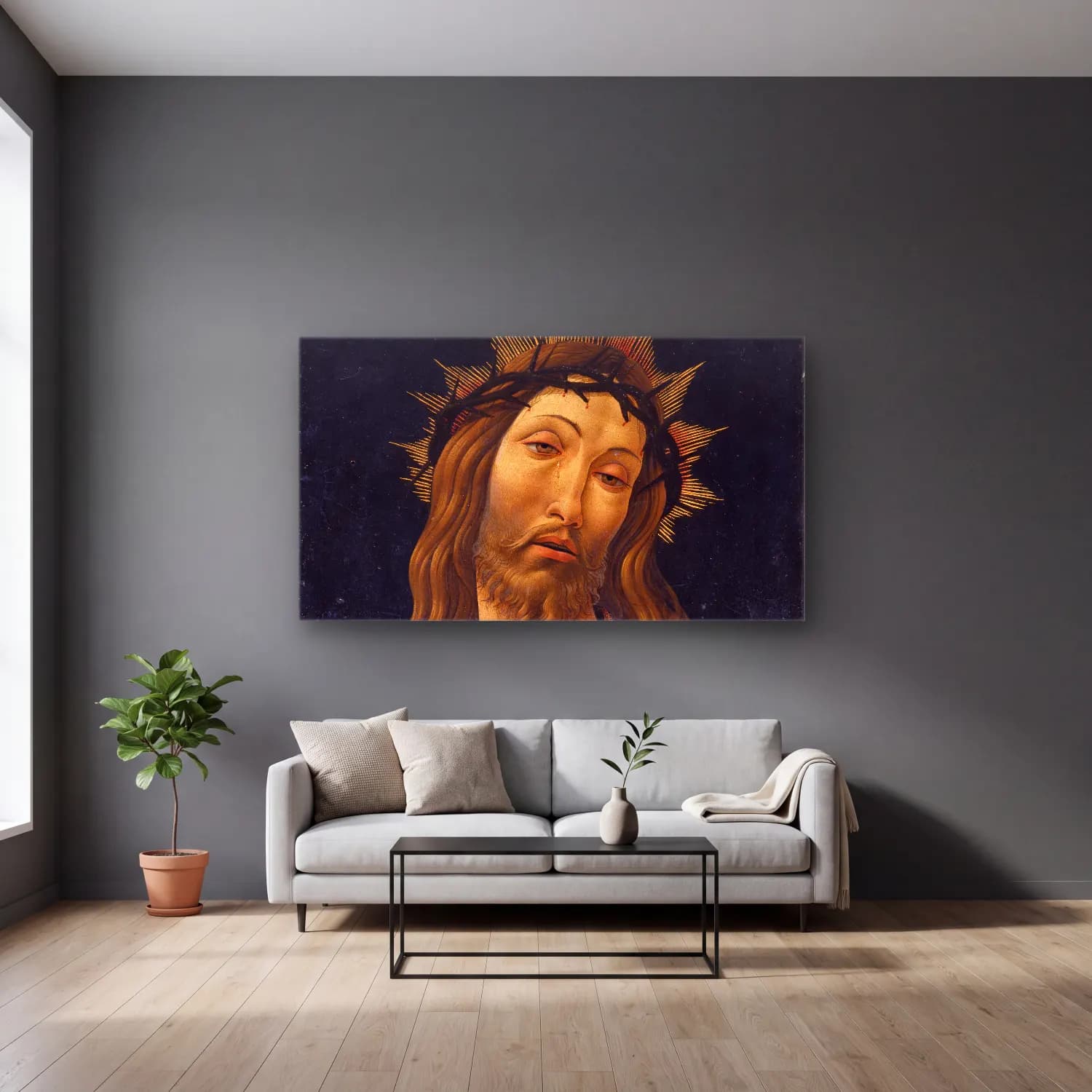 Sandro Botticelli – Christ Crowned with Thorns cam tablo — gri duvarlı salonda