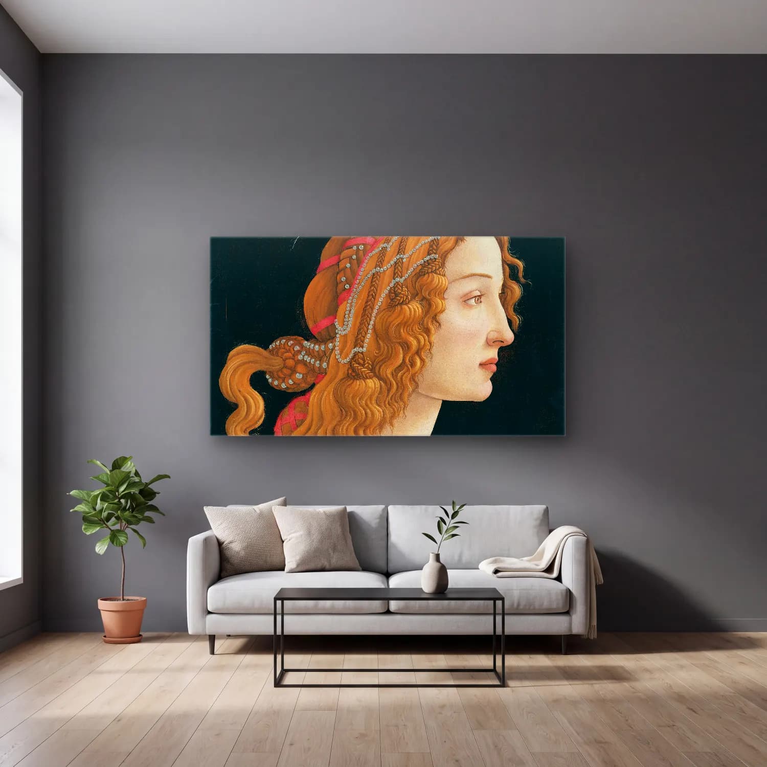 Sandro Botticelli – Idealized Portrait of a Lady Portrait of Simonetta Vespucci… cam tablo — gri duvarlı salonda