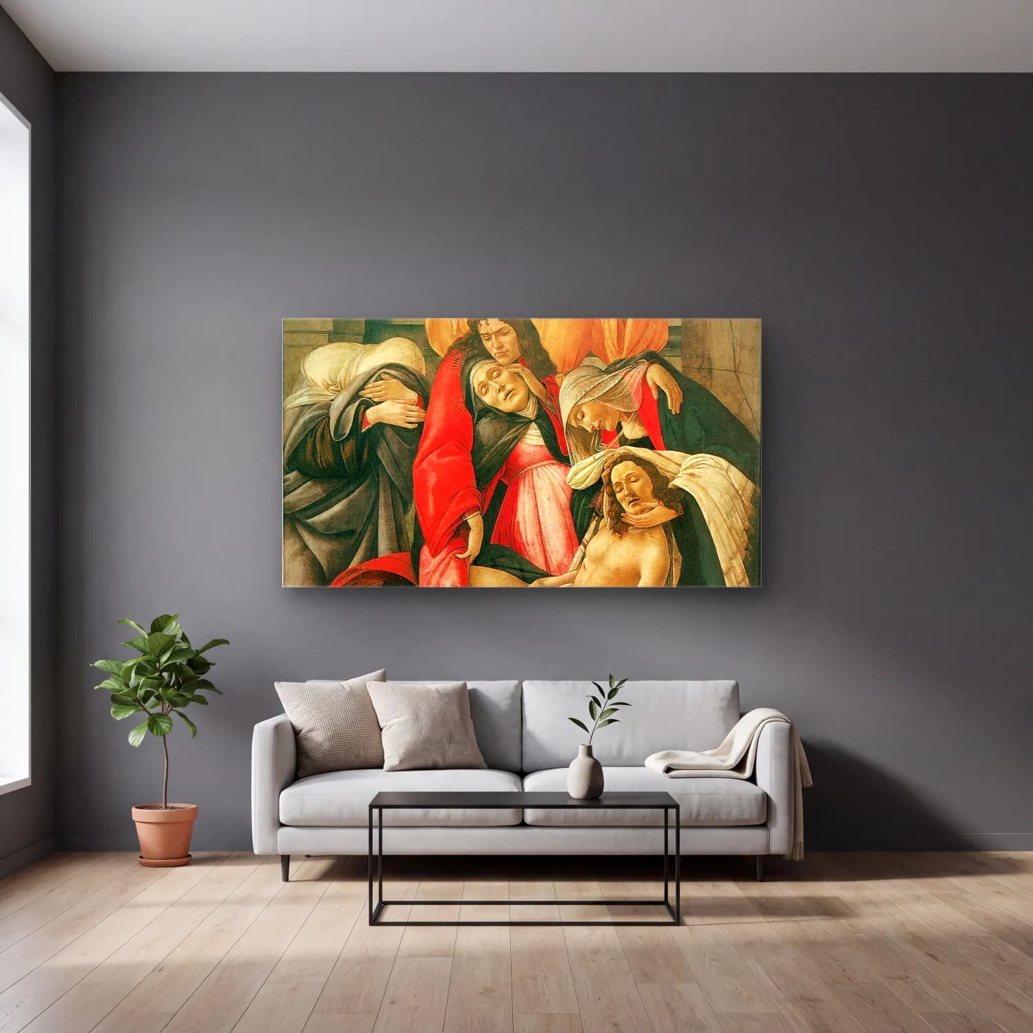 Sandro Botticelli – Lamentation over the Dead Christ with Saints cam tablo — gri duvarlı salonda