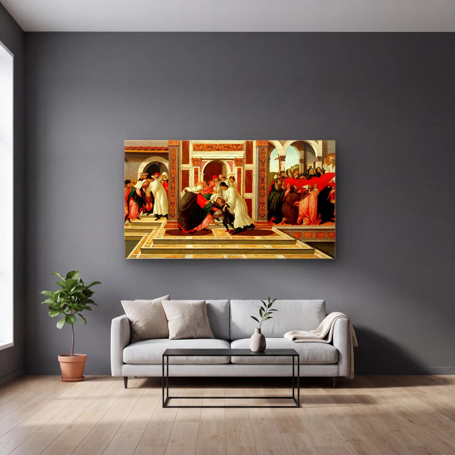 Sandro Botticelli – Last Miracle and the Death of St. Zenobius cam tablo — gri duvarlı salonda