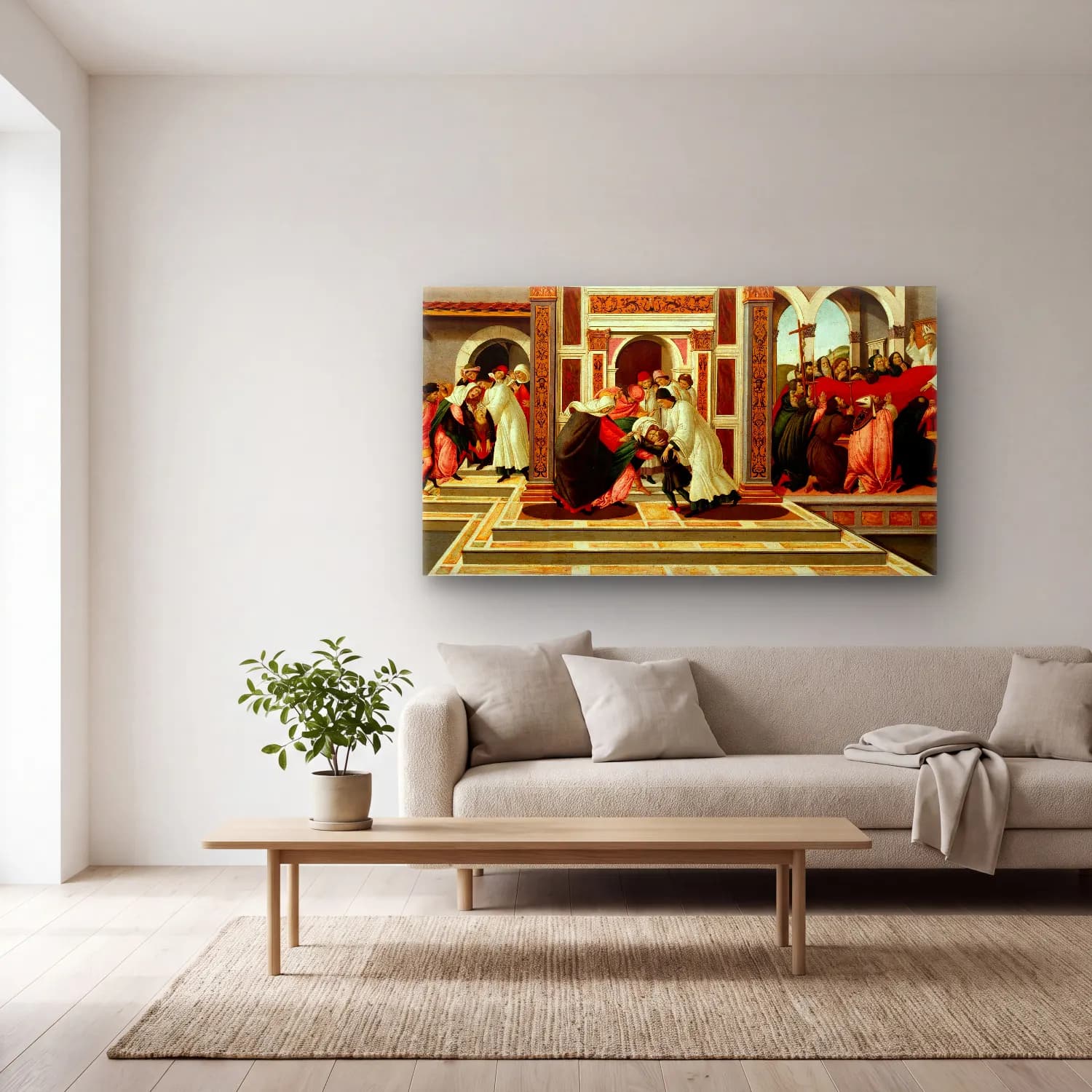 Sandro Botticelli – Last Miracle and the Death of St. Zenobius cam tablo — açık renk salonda