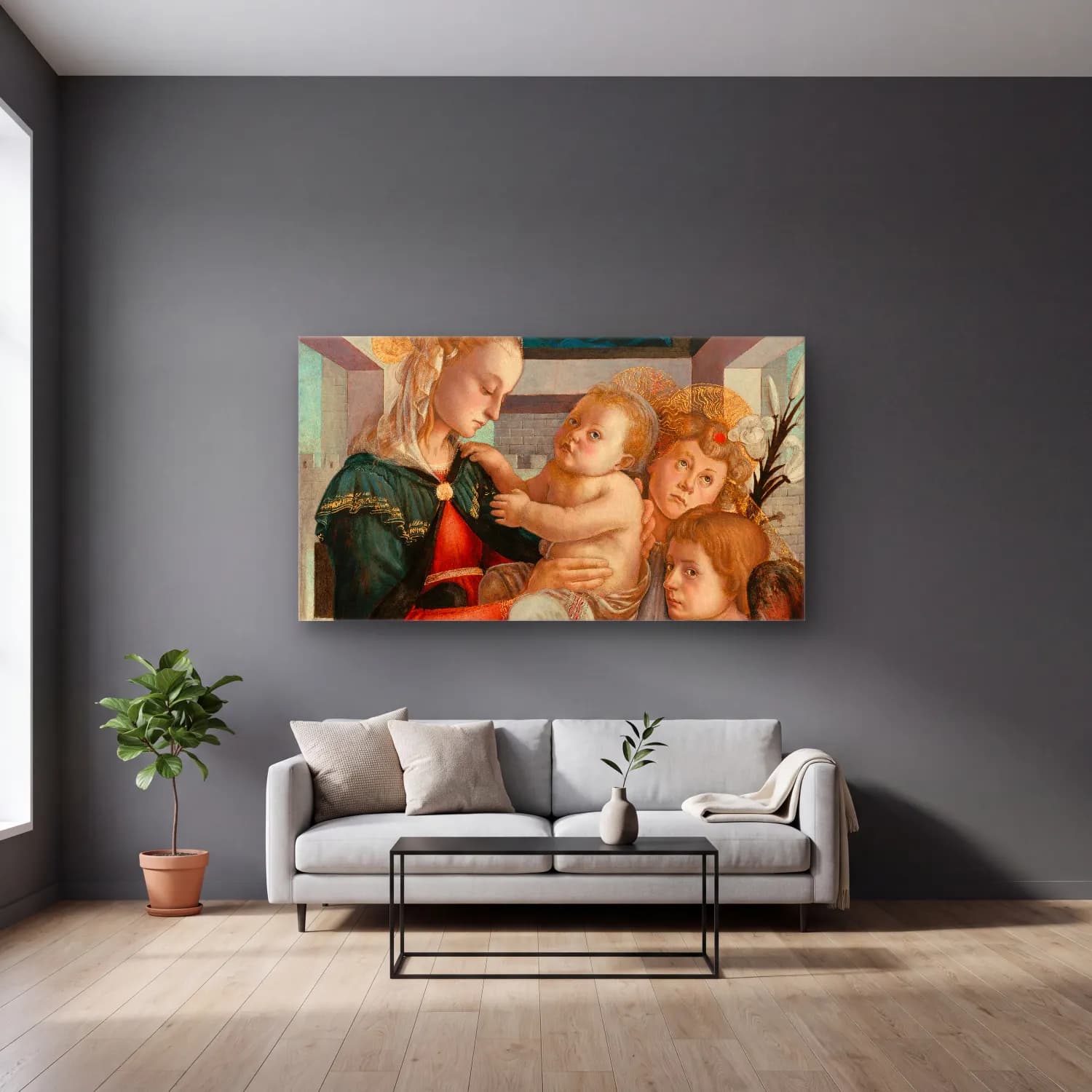 Sandro Botticelli – Madonna and Child with Angels cam tablo — gri duvarlı salonda