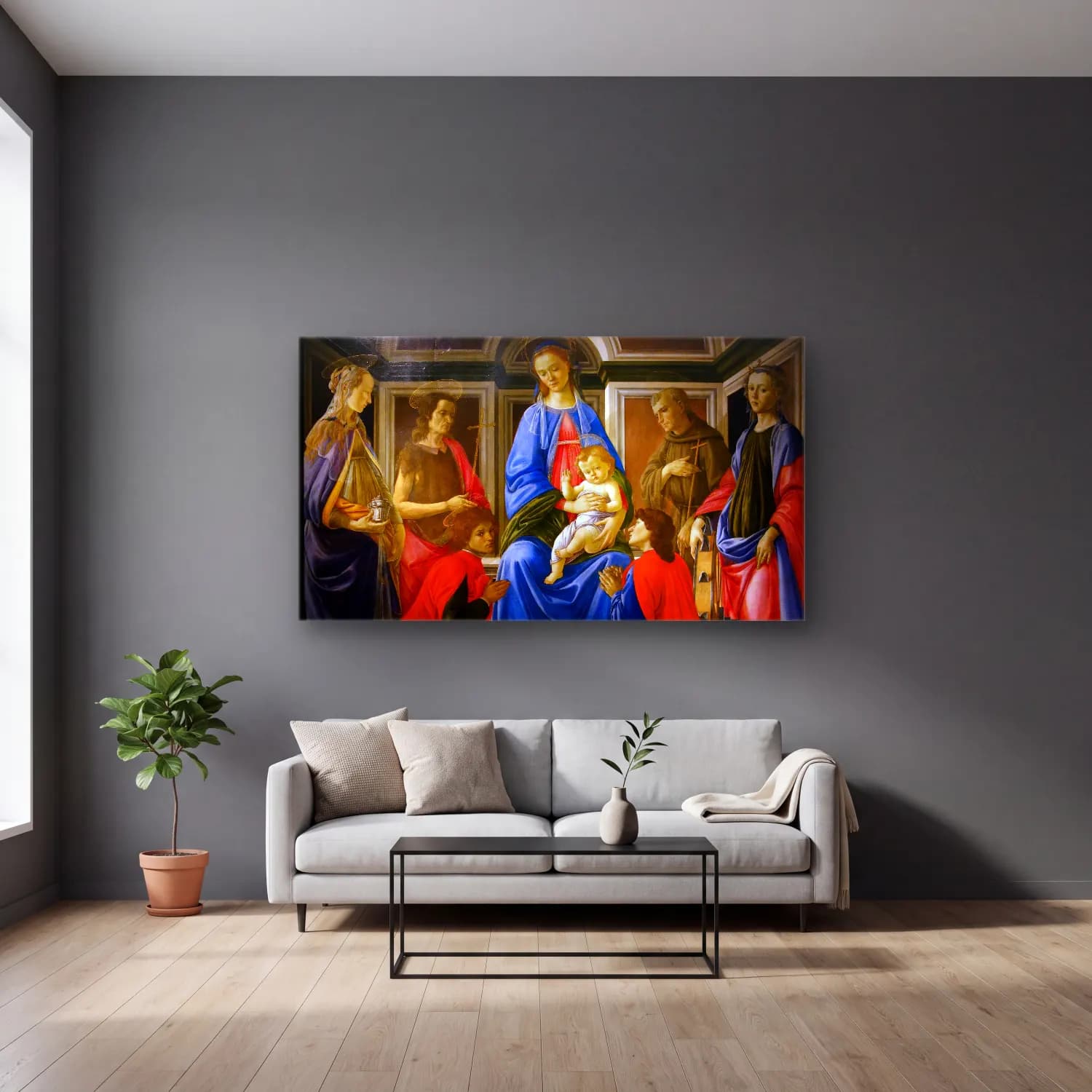 Sandro Botticelli – Madonna and Child with Six Saints cam tablo — gri duvarlı salonda