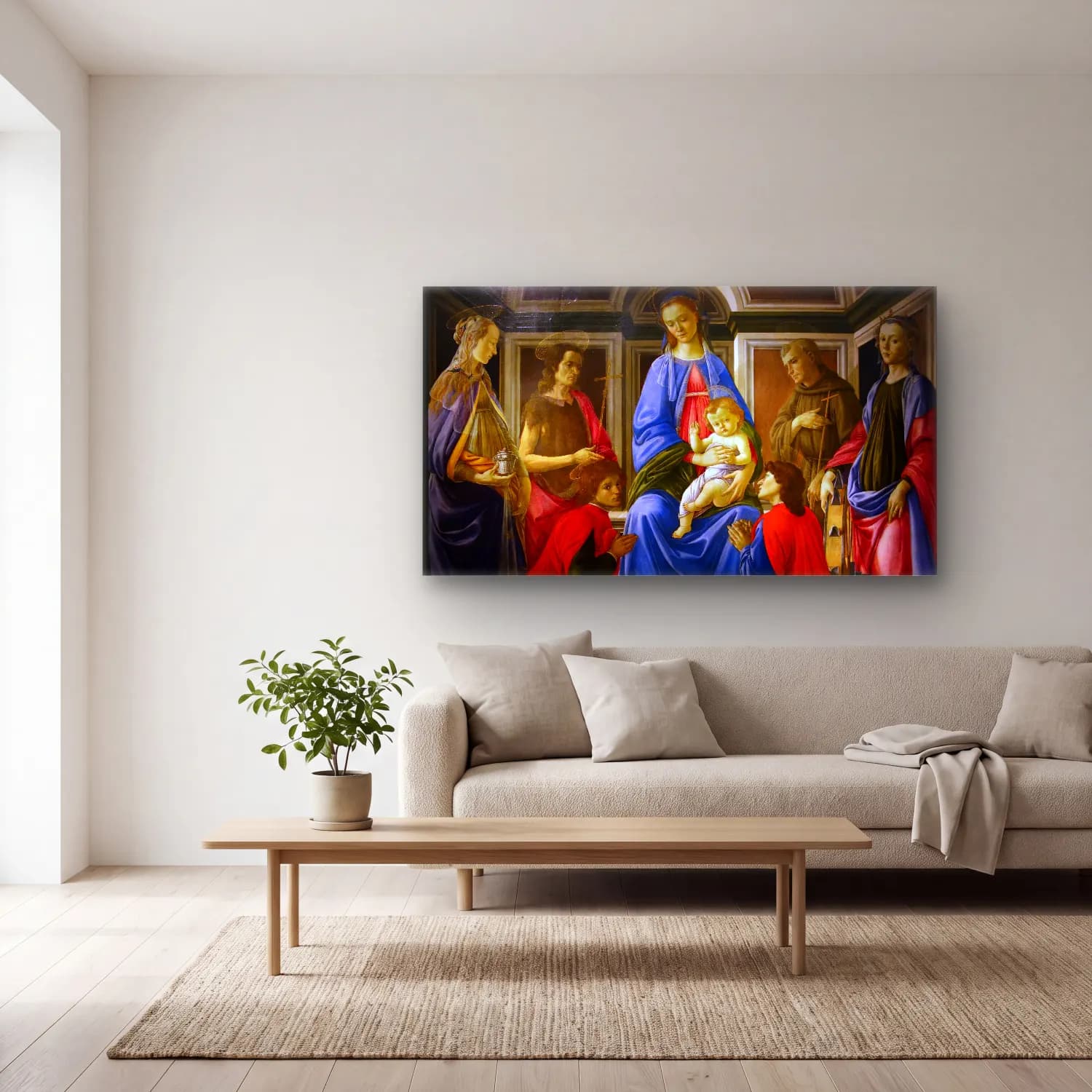 Sandro Botticelli – Madonna and Child with Six Saints cam tablo — açık renk salonda