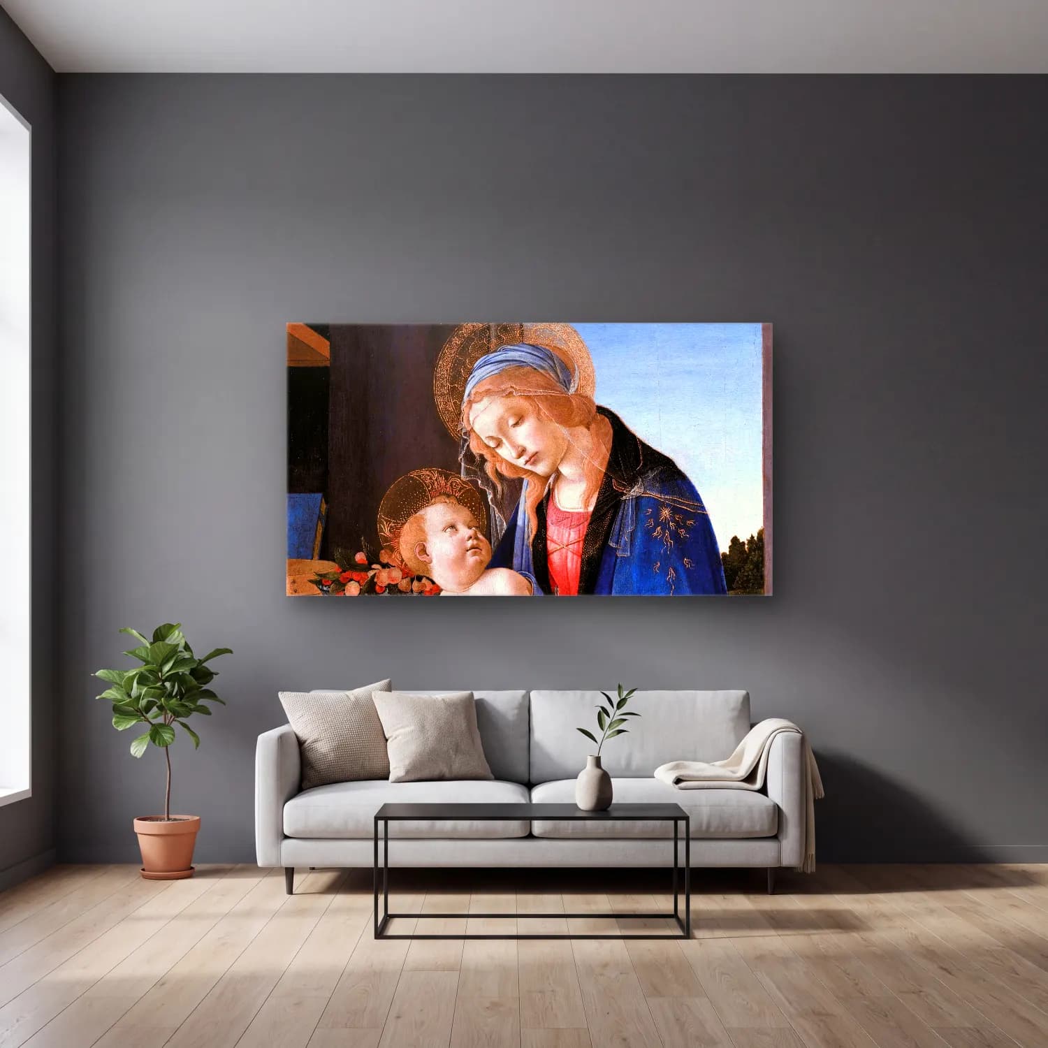 Sandro Botticelli – Madonna of the Book cam tablo — gri duvarlı salonda