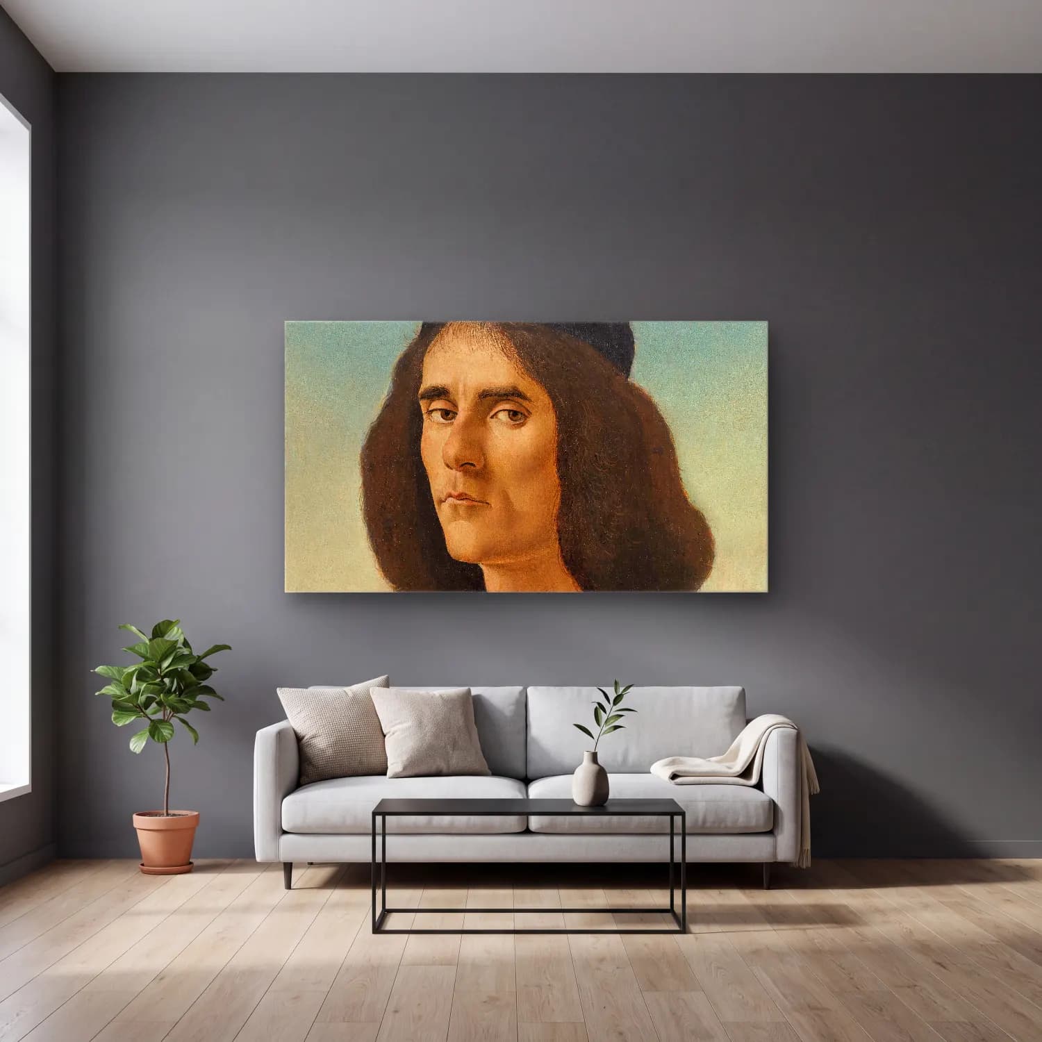 Sandro Botticelli – Michael Tarchaniota Marullus cam tablo — gri duvarlı salonda