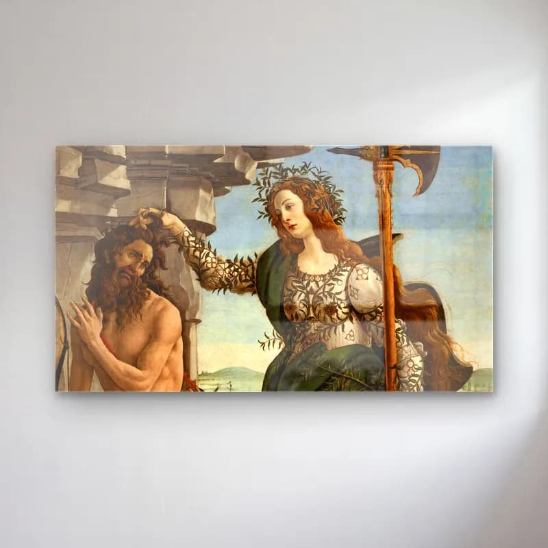 Sandro Botticelli – Pallas and the Centaur – Yeşil Tonlar cam tablo — Sandro Botticelli – Pallas and the Centaur – Yeşil Tonlar — vintage mitolojik sahne