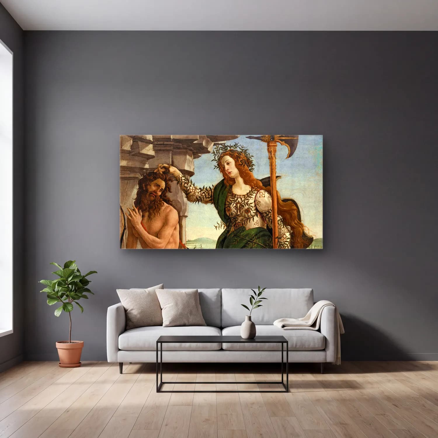 Sandro Botticelli – Pallas and the Centaur – Yeşil Tonlar cam tablo — gri duvarlı salonda