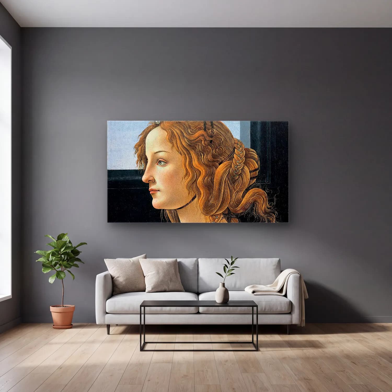 Sandro Botticelli – Profile portrait of a young woman, probably Simonetta cam tablo — gri duvarlı salonda