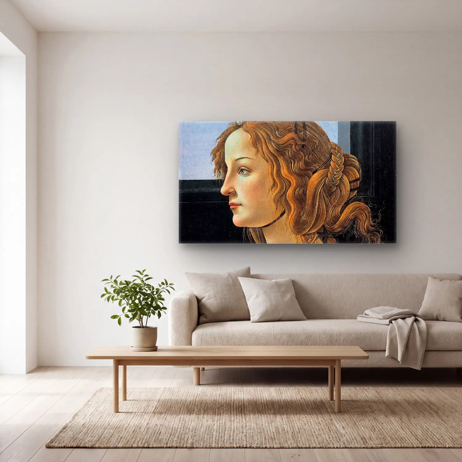 Sandro Botticelli – Profile portrait of a young woman, probably Simonetta cam tablo — açık renk salonda