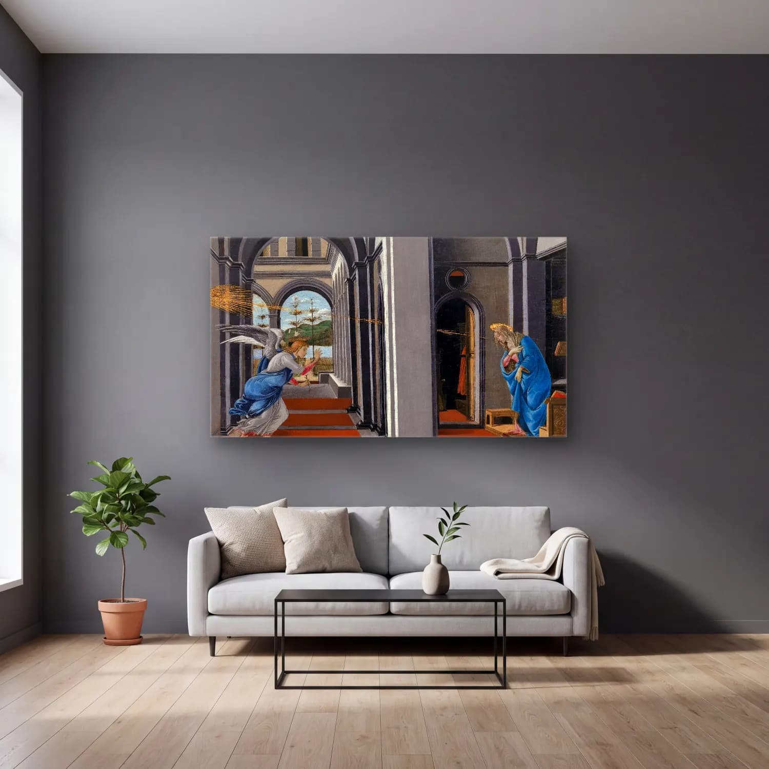 Sandro Botticelli – The Annunciation cam tablo — gri duvarlı salonda