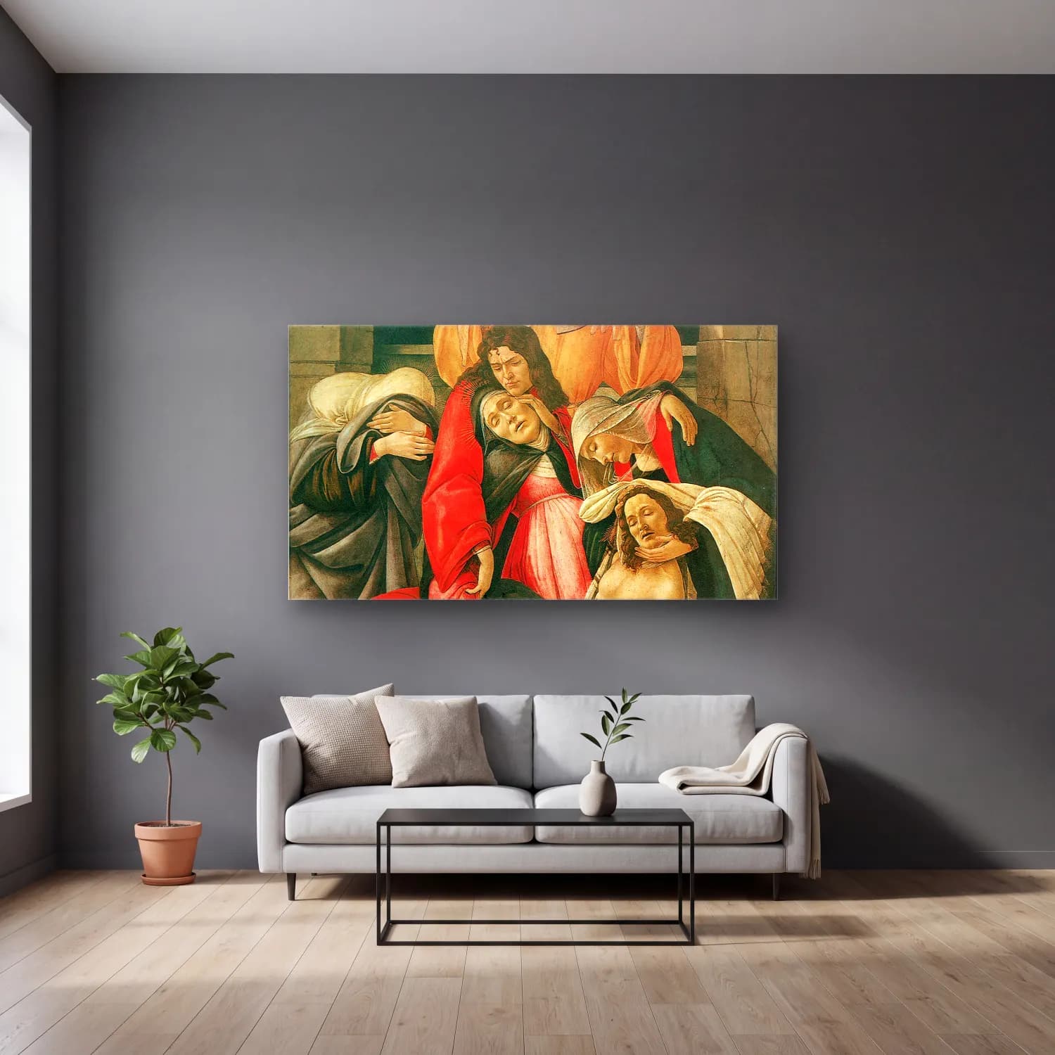 Sandro Botticelli – The Lamentation over the Dead Christ cam tablo — gri duvarlı salonda