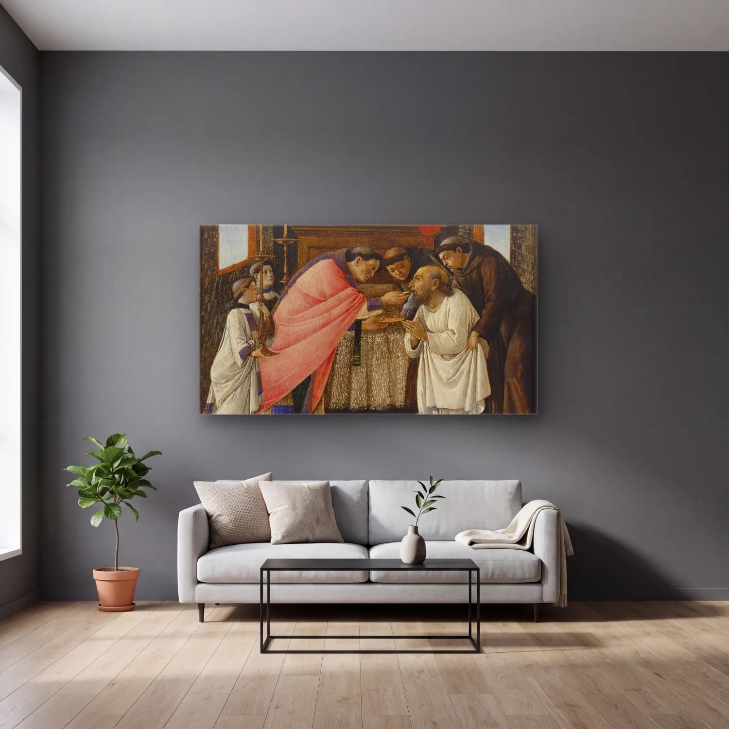 Sandro Botticelli – The Last Communion of Saint Jerome cam tablo — gri duvarlı salonda