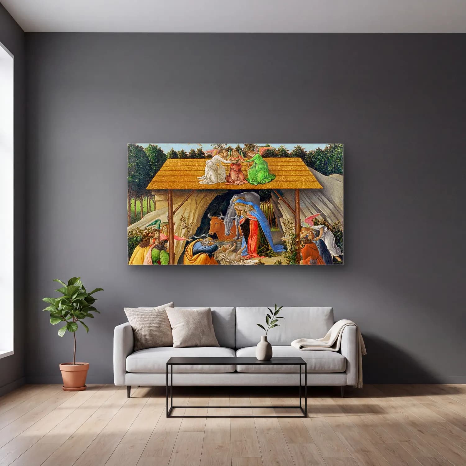 Sandro Botticelli – The Mystical Nativity cam tablo — gri duvarlı salonda