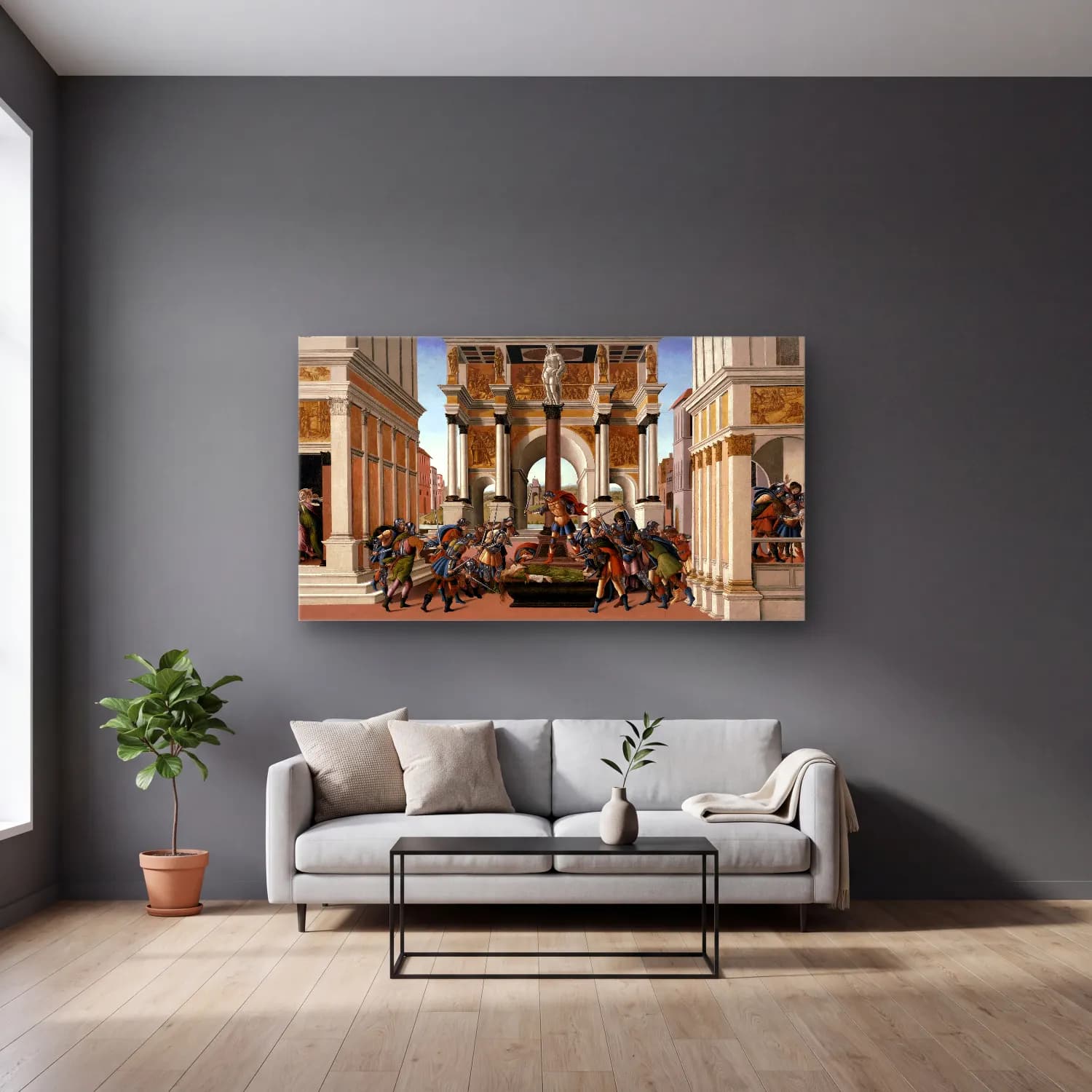 Sandro Botticelli – The Story of Lucretia cam tablo — gri duvarlı salonda