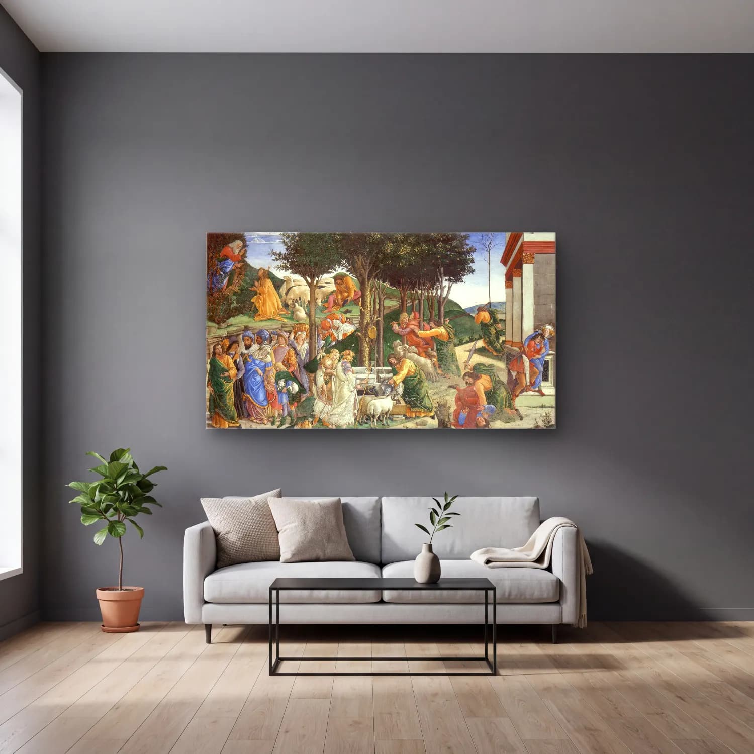 Sandro Botticelli – The Trials of Moses cam tablo — gri duvarlı salonda