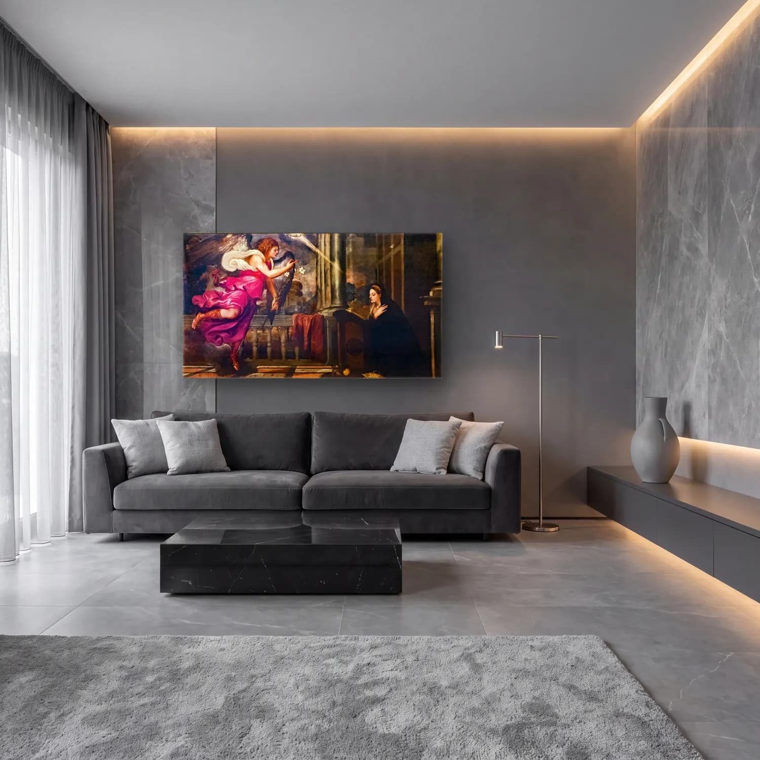 Yağlı Boya Melek – Siyah Beyaz Tonlar cam tablo — lüks salon duvarında