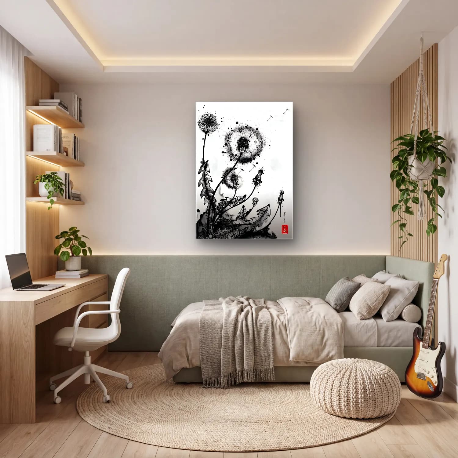 Siyah Beyaz Kır Çiçekleri – Siyah Beyaz Tonlar cam tablo — genç odasında