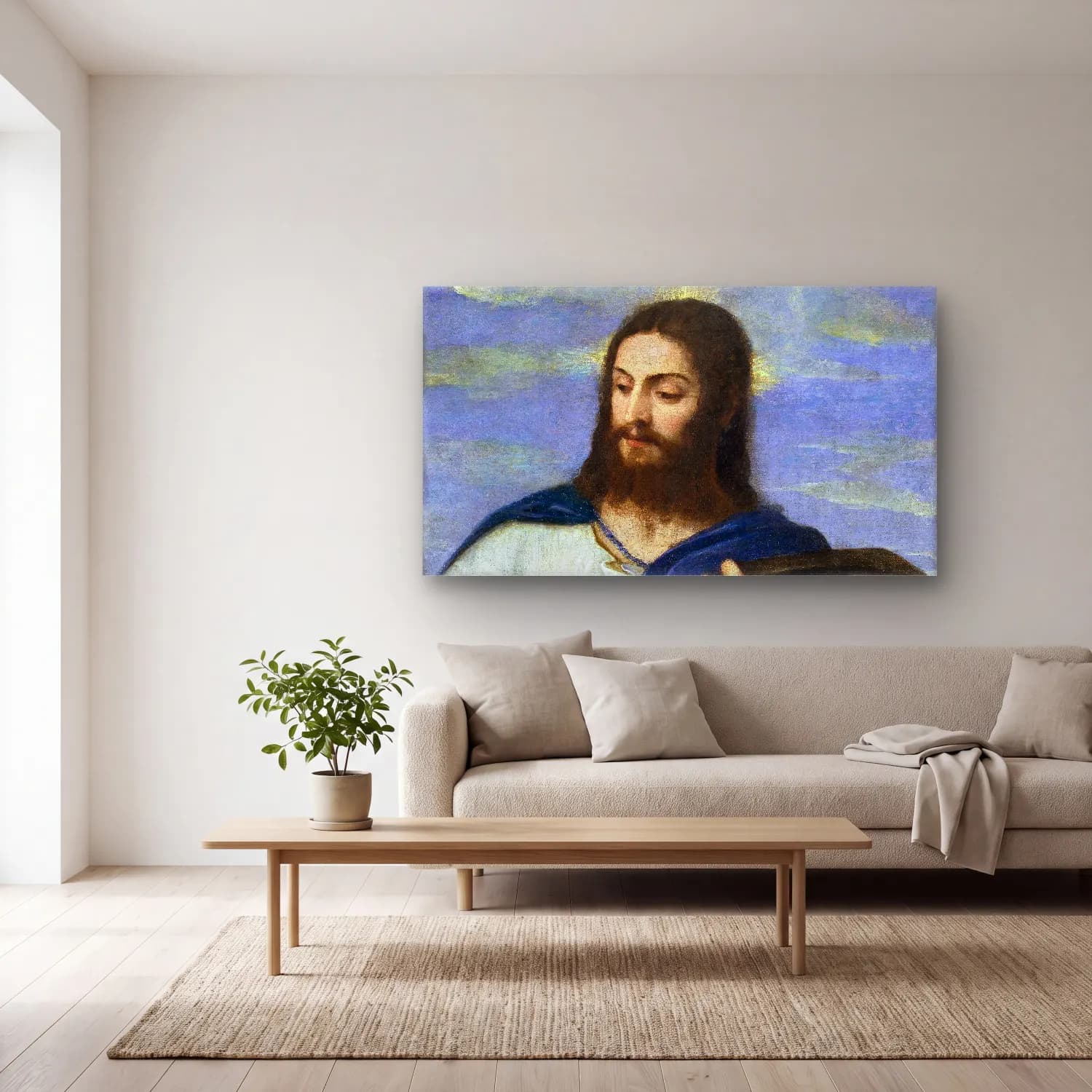 Empresyonist Dini Sahne – Mavi Tonlar cam tablo — açık renk salonda