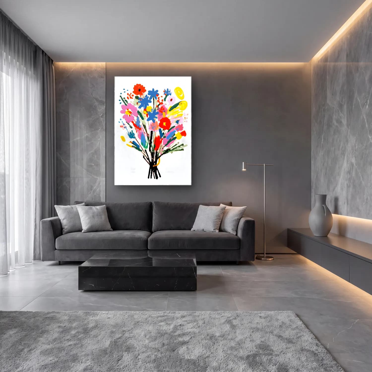 Boho Vazoda Çiçek Buketi No. 7 cam tablo — lüks salon duvarında