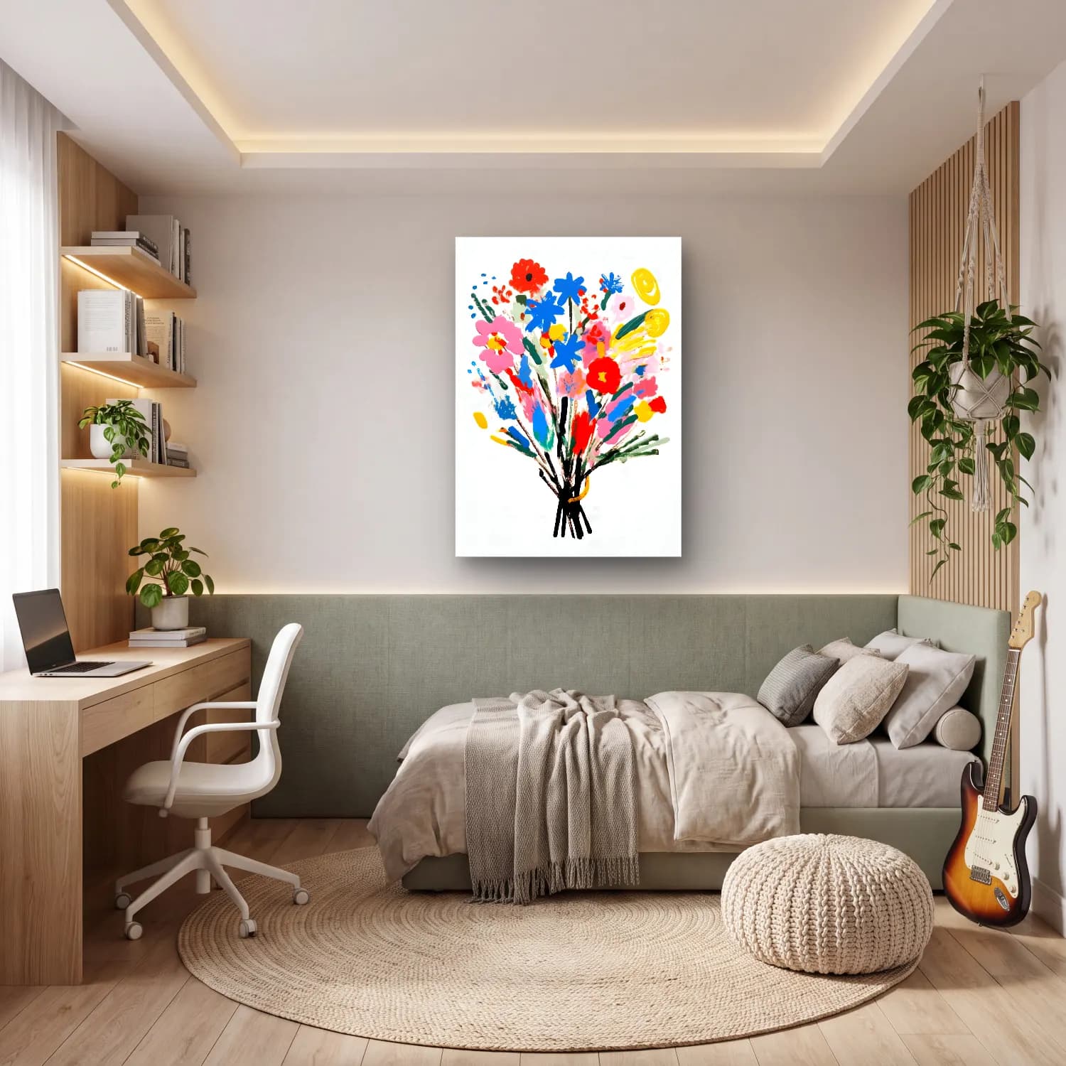 Boho Vazoda Çiçek Buketi No. 7 cam tablo — genç odasında