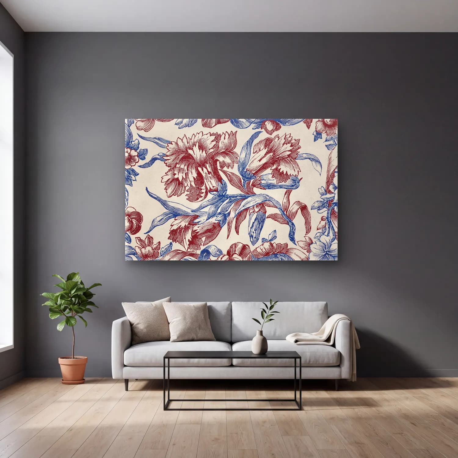 Botanik İllüstrasyon Çiçek Deseni No. 46 cam tablo — gri duvarlı salonda