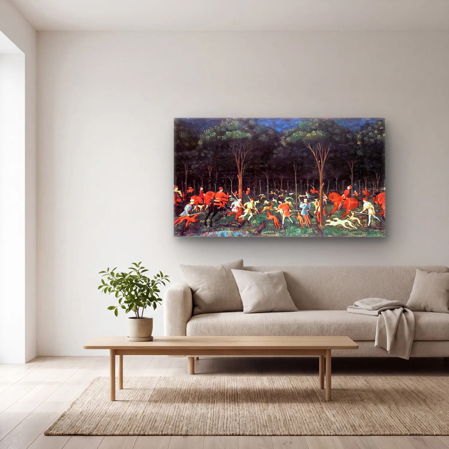Paolo Uccello – The Hunt in the Forest cam tablo — açık renk salonda